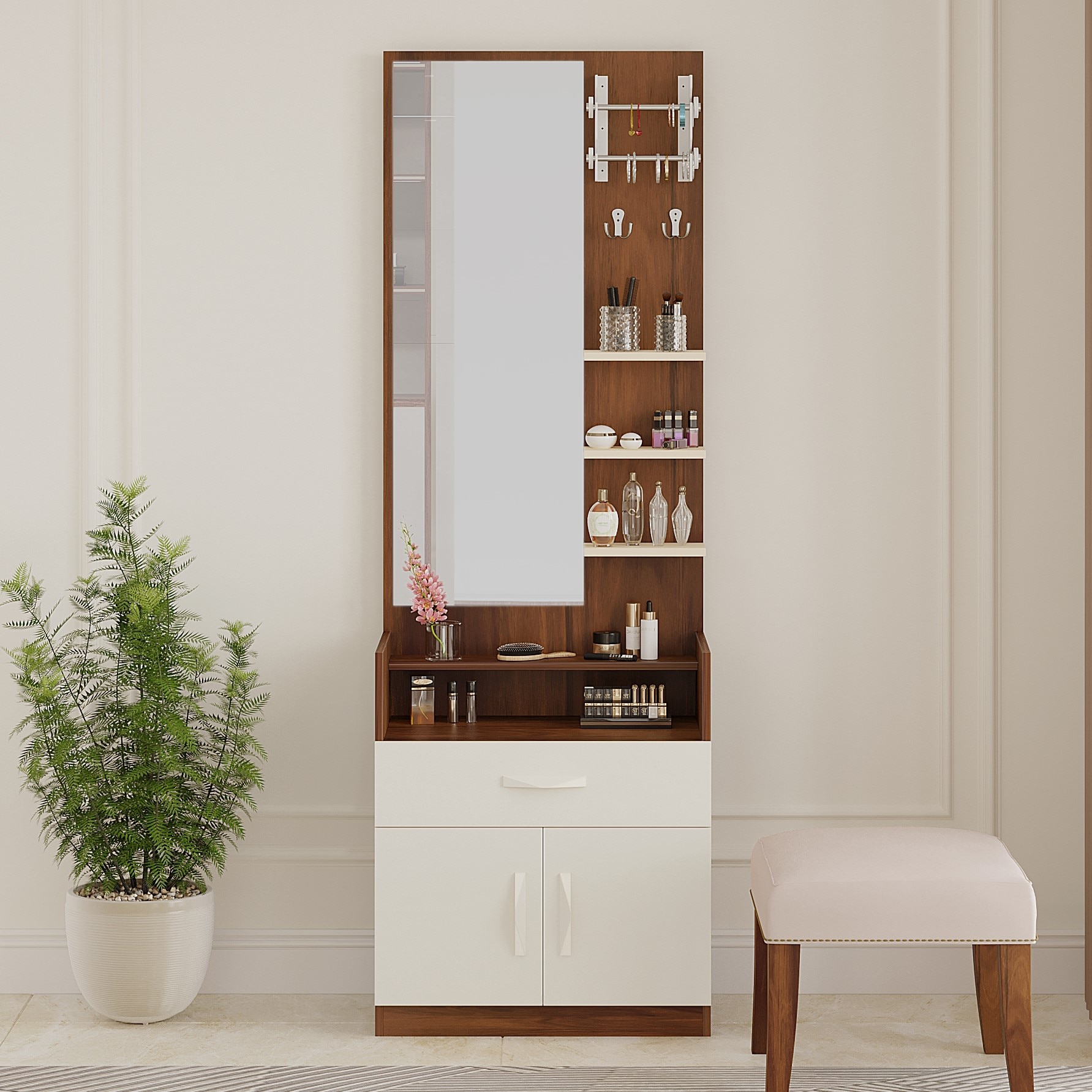 BLUEWUD Darci Engineered Wood Wall Mount/Floor Standing Dressing Table Organizer Makeup Vanity with Mirror Storage Shelves, Bangle Holder & Hooks for Bedroom Home Furniture (Brown Maple & White)