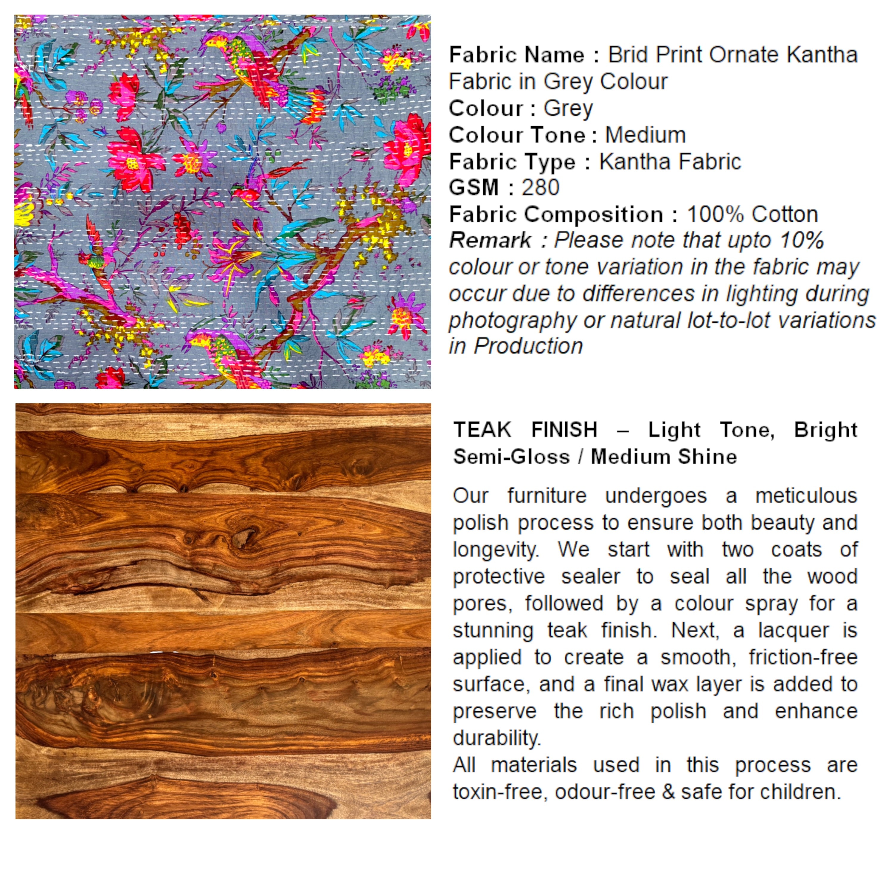 Bestone Solid Wood Bench In Bird Print Grey Kantha Fabric