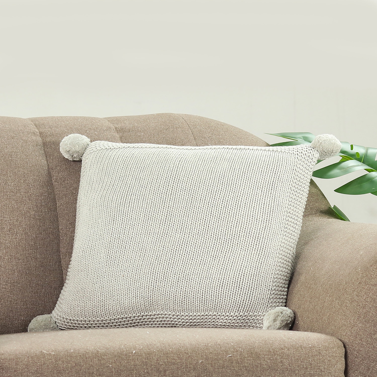 Chunky Knit Vanilla Grey Melange Cotton Cushion Cover 16X16 Inches - Pluchi