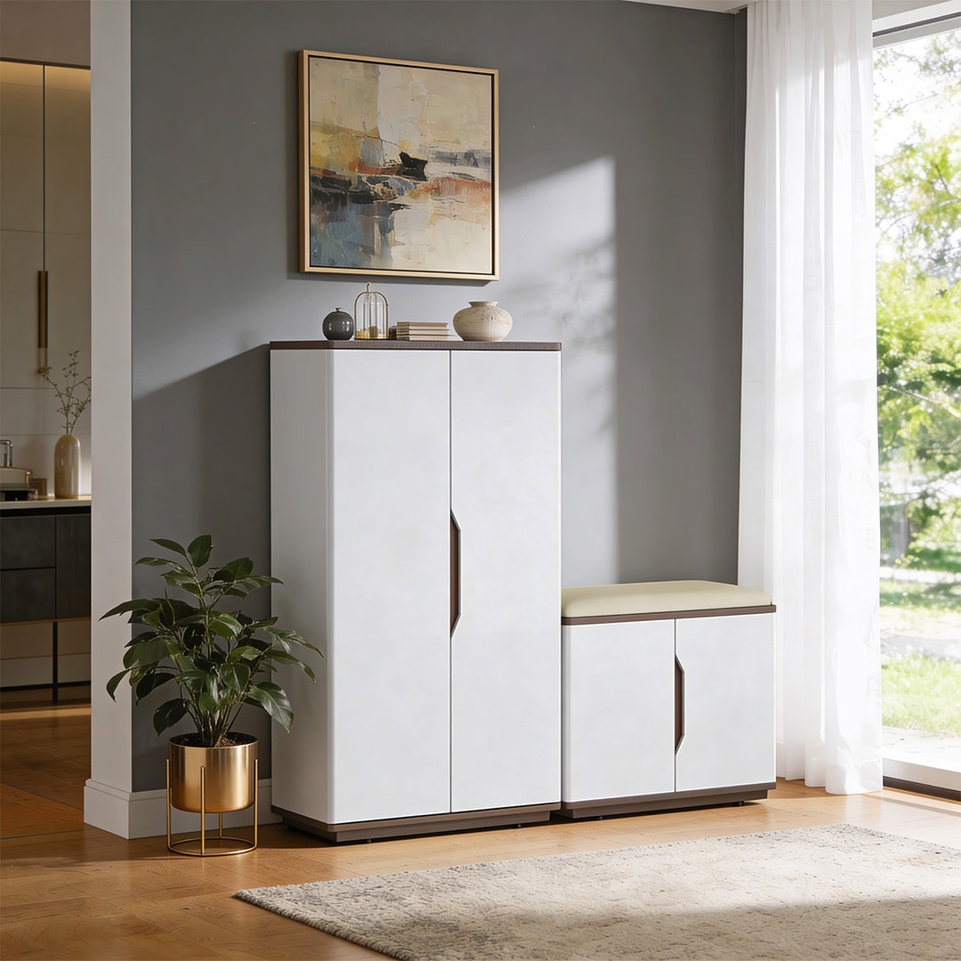 Baltoro Engineered Wood Tall Shoe Rack with Seating in White Finish