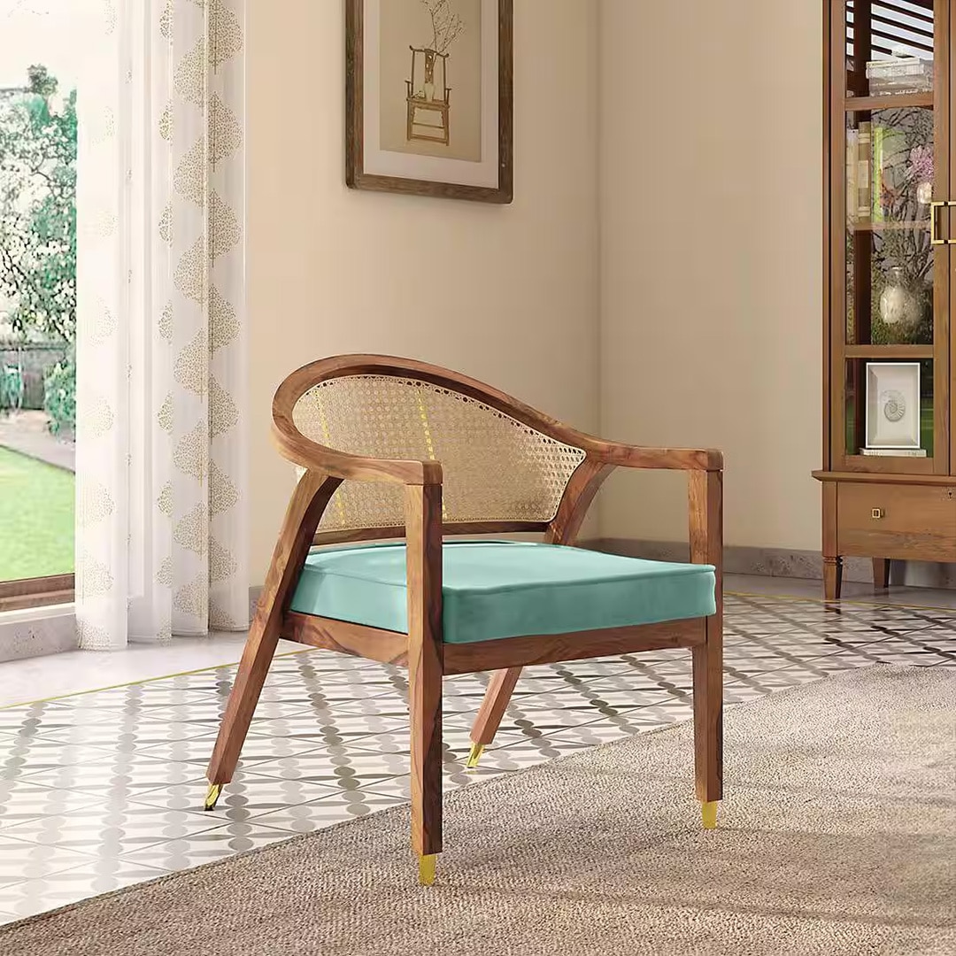 Hayworth Lounge Chair in Teak Finish and Dusty Turquoise Velvet Colour
