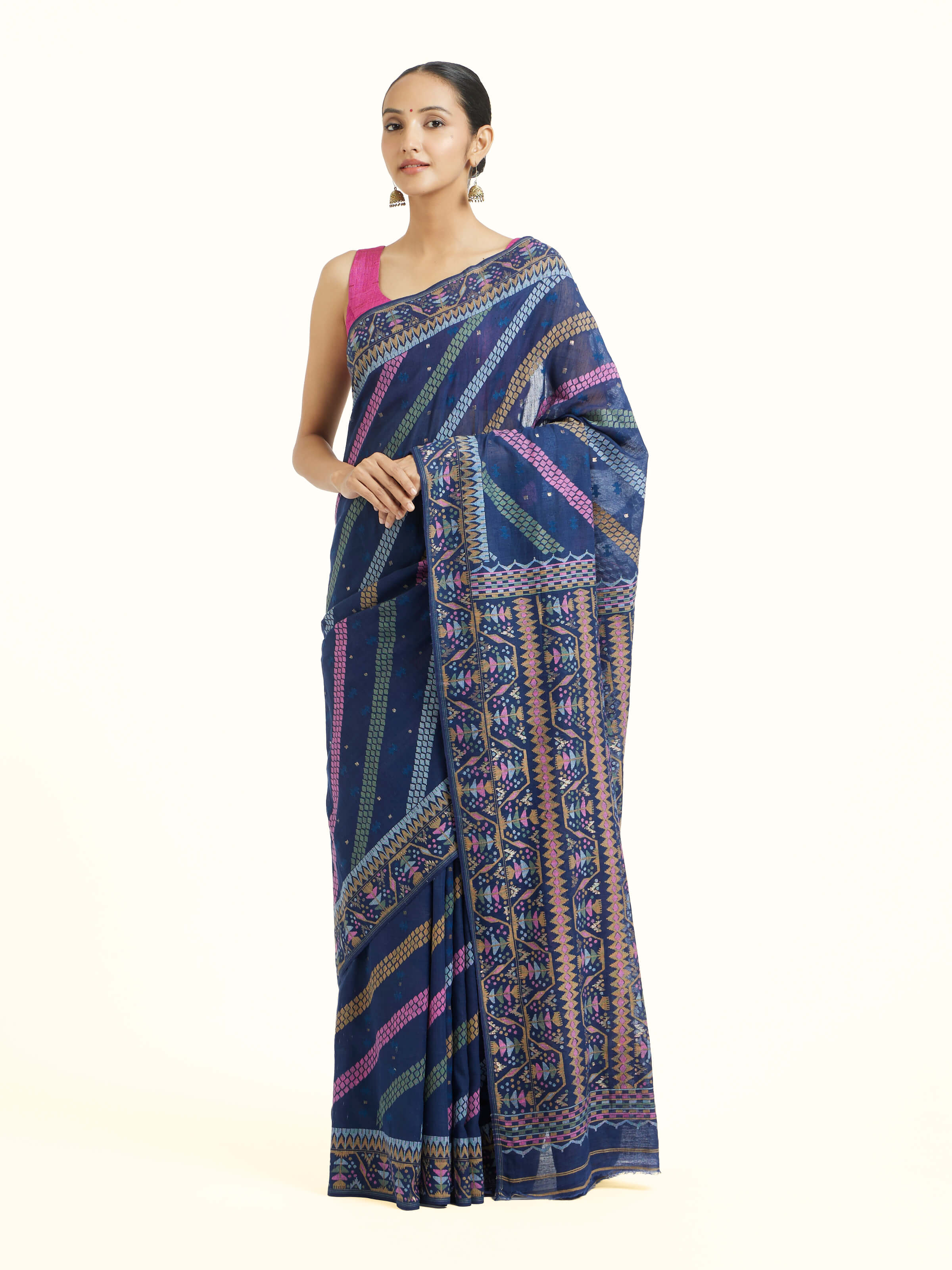Side view of indigo cotton Bengal Jamdani saree showcasing airy drape