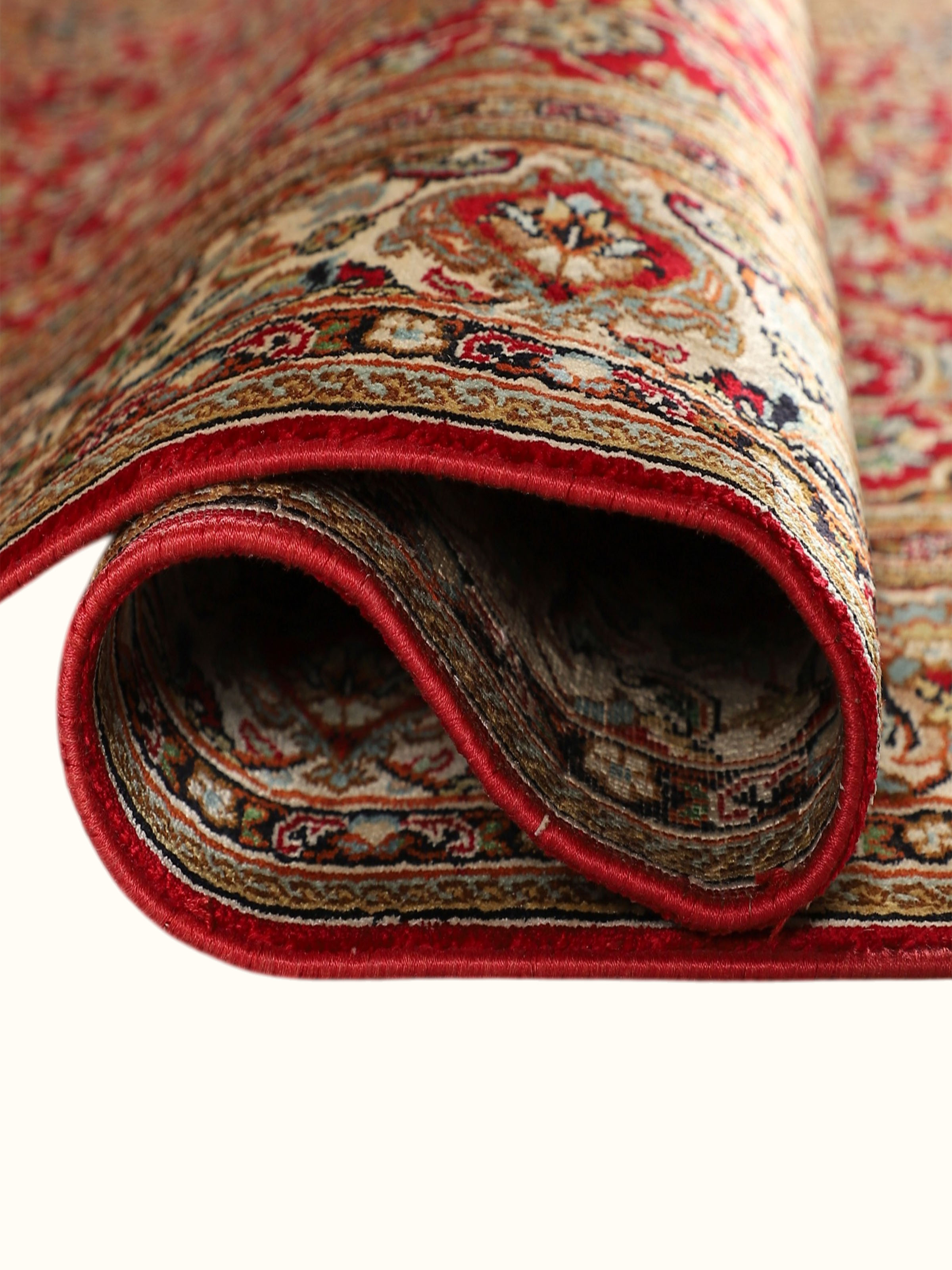 Traditional Persian Red Ivory Kashan Kashmir Silk Hand-Knotted Carpet