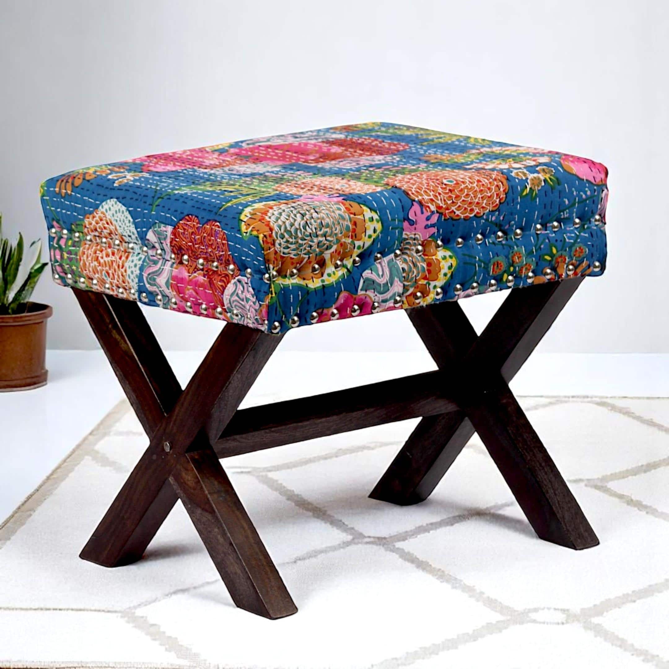Rosslyn Solid Wood Pouf Stool in Fruit Print Blue Ethnic Kantha fabric