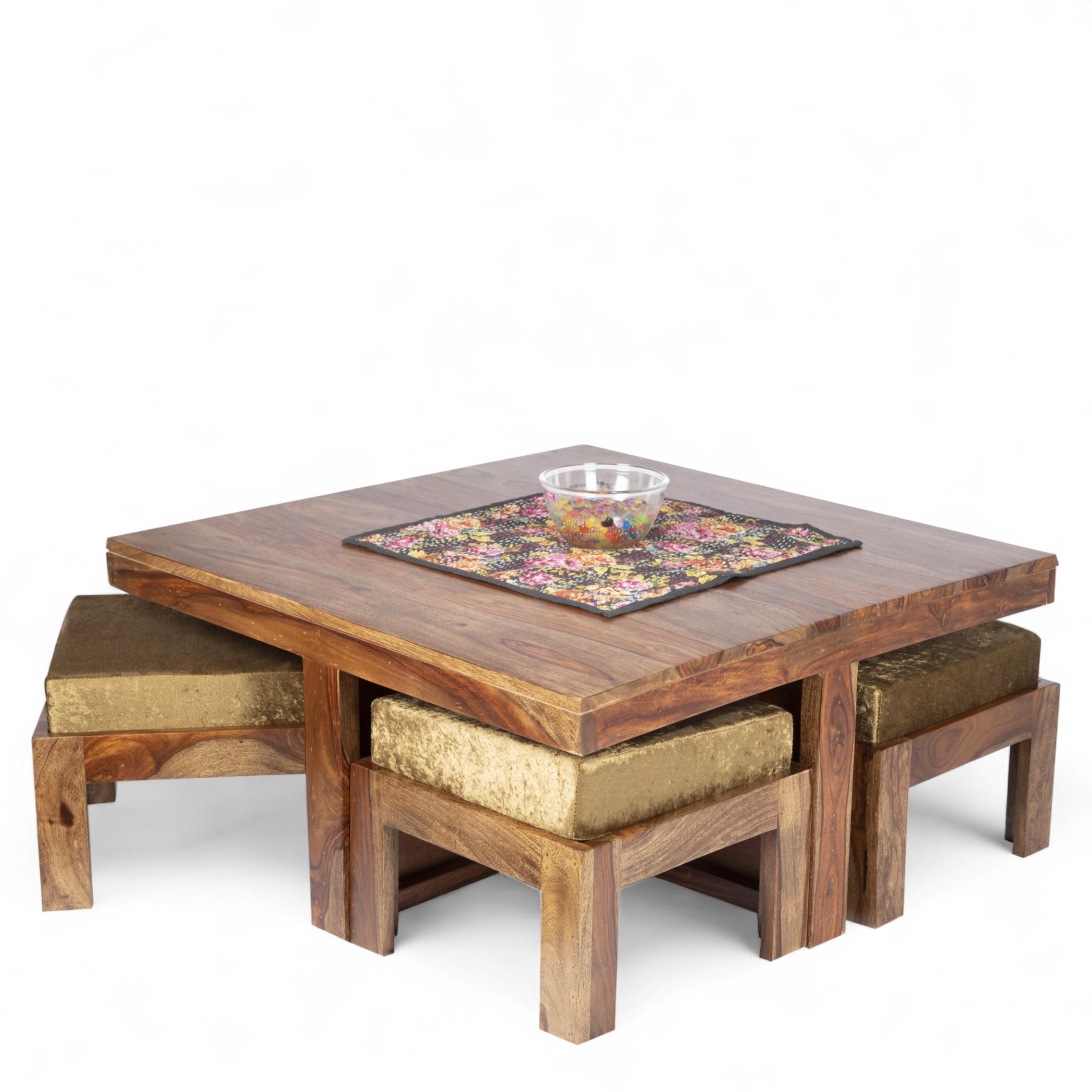 Blane Sheesham Wood 4 Seater Coffee Table Set In Teak Finish