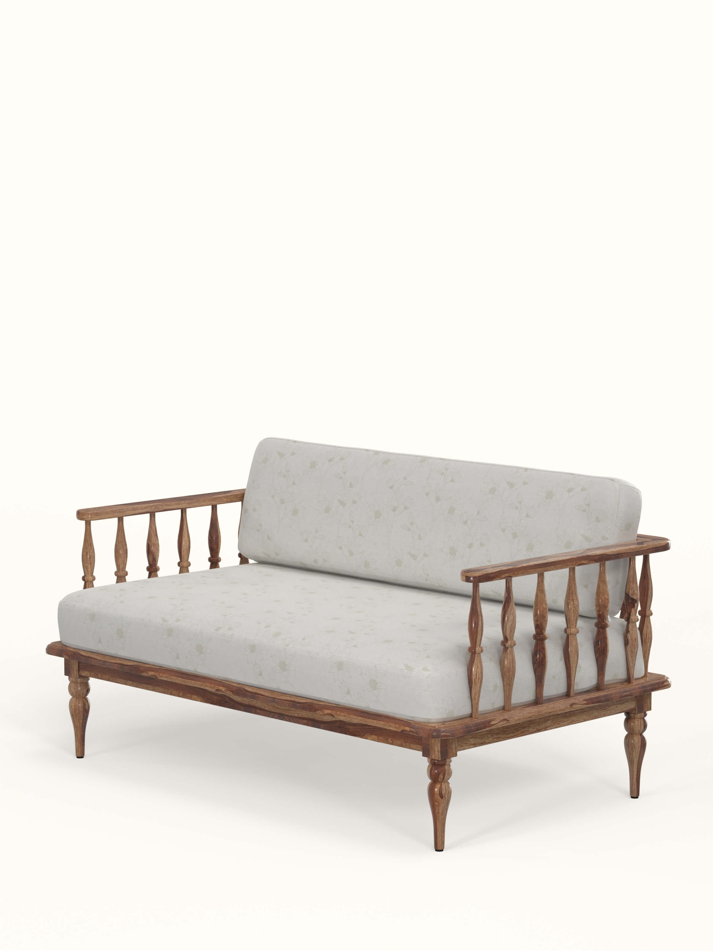 Angled view of natural finish upholstered sheesham wood 2-seater sofa highlighting plush cushions