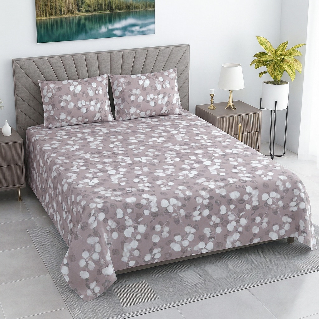Vihan Light Purple Shade Floral 400 TC Cotton Flat Double Queen Size Bedsheet with 2 Pillow Covers – Threads - Threads