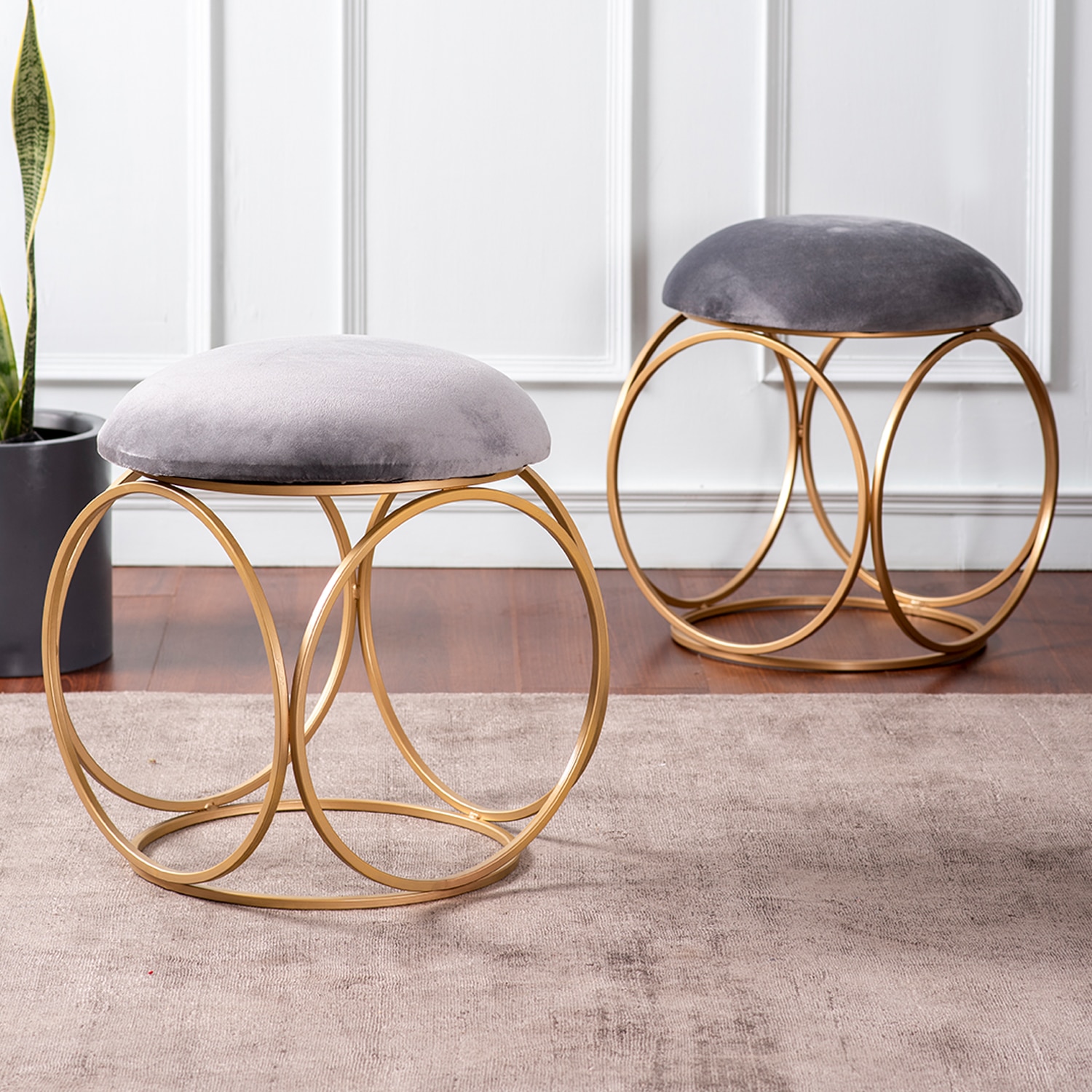 Classic Velvet Ring Metallic Stool in Grey Color Set of 2 - Nestroots