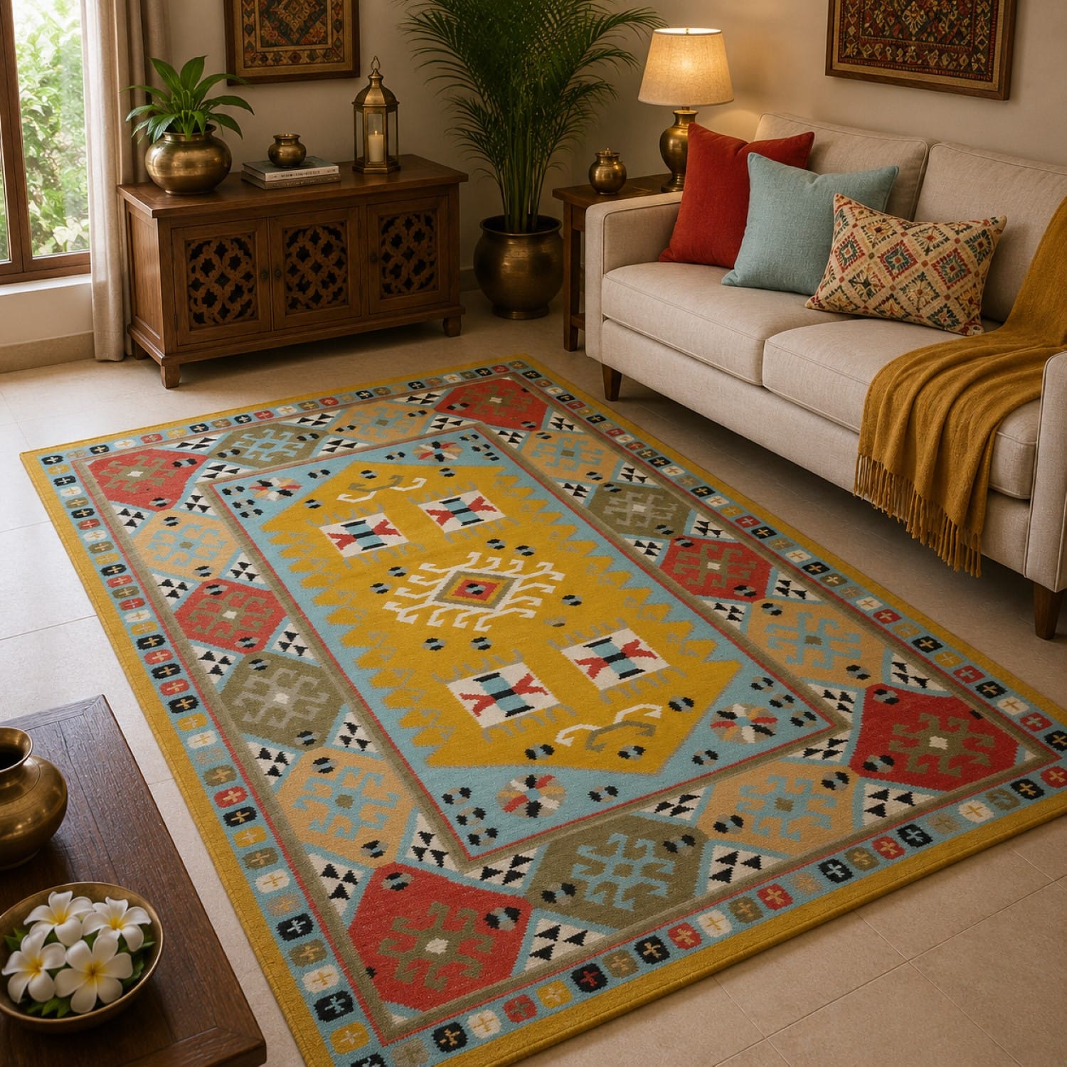 Imperial Knots Yellow Multicolor Kilim Hand Woven Dhurrie 4x6 Feet