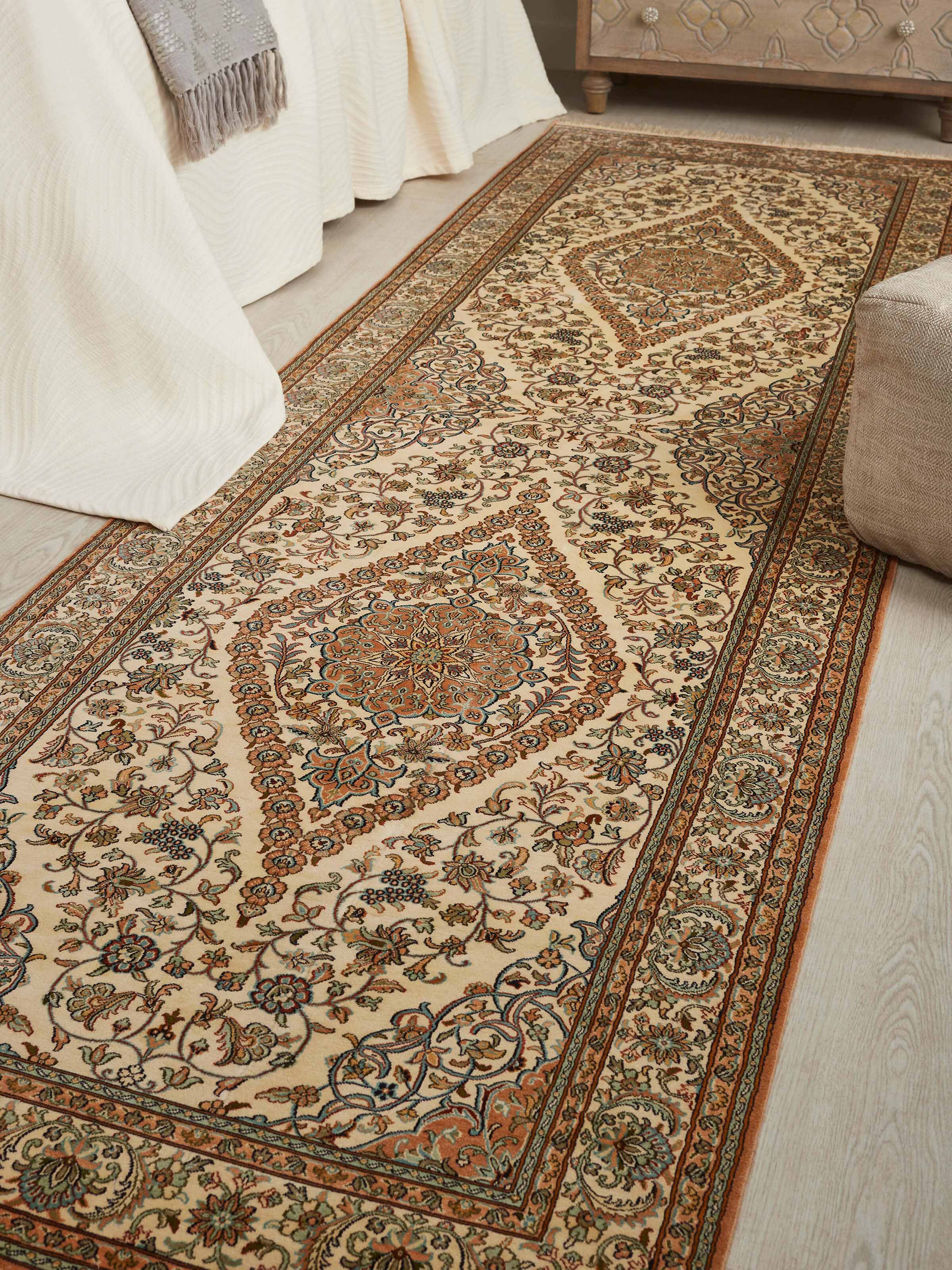 Traditional Persian Ivory Sadakdar Kashmir Silk Hand-knotted Runner