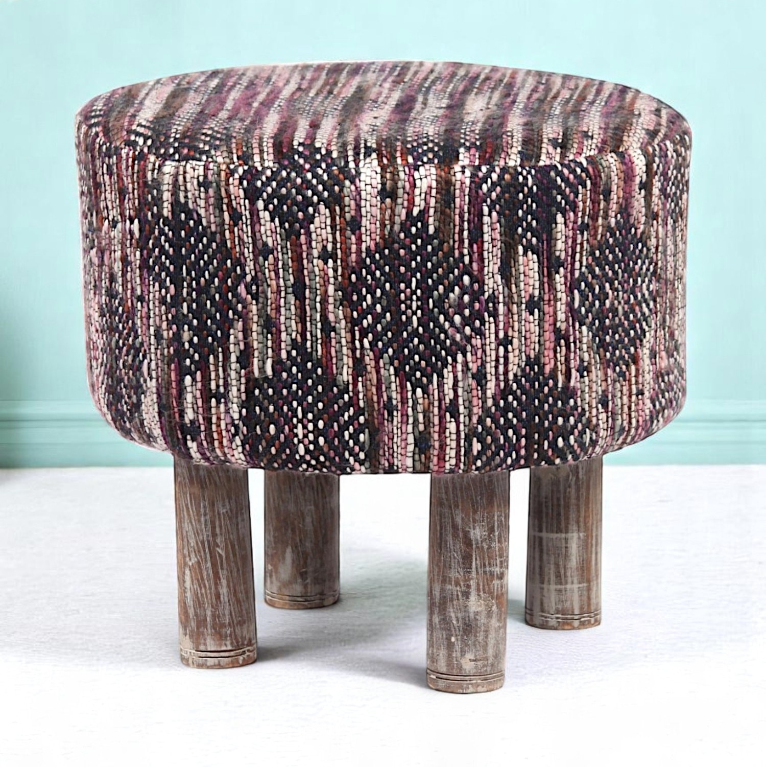 Morgan Solid Wood Pouf Stool in Black Diamond Jackard fabric