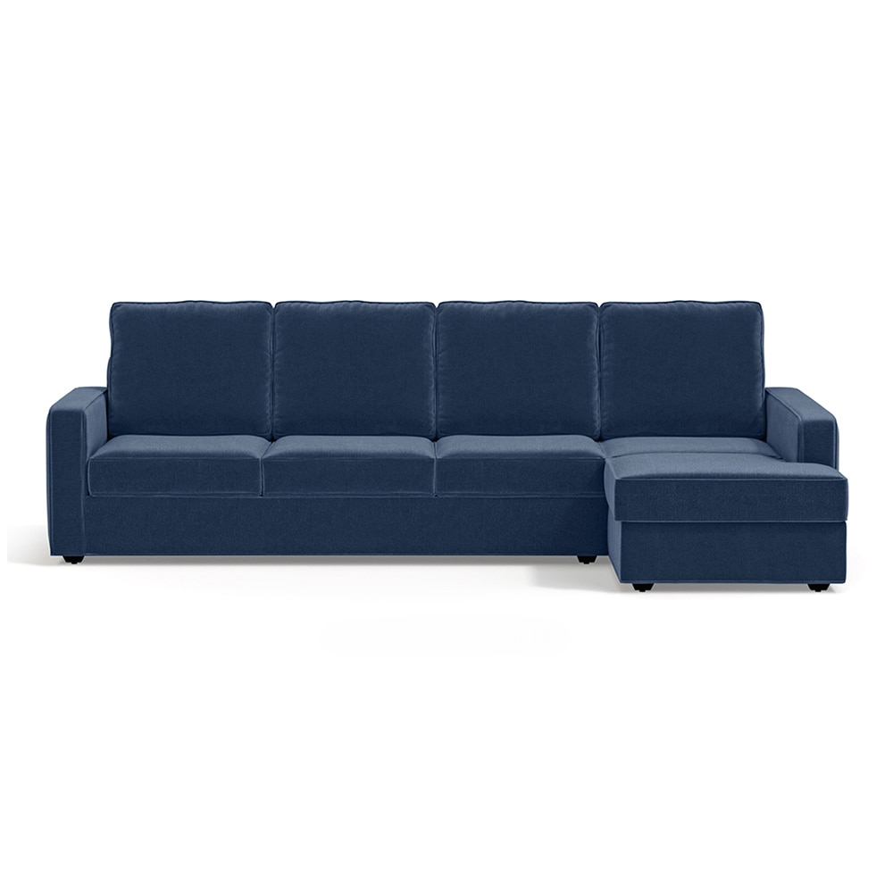Apollo Sofa (Colour : Lapis Blue, Cushion : Soft, Back Type : High Back, Seating Capacity : Right Aligned 3 Seater + Right Aligned Chaise + Ottoman) - Urban Ladder