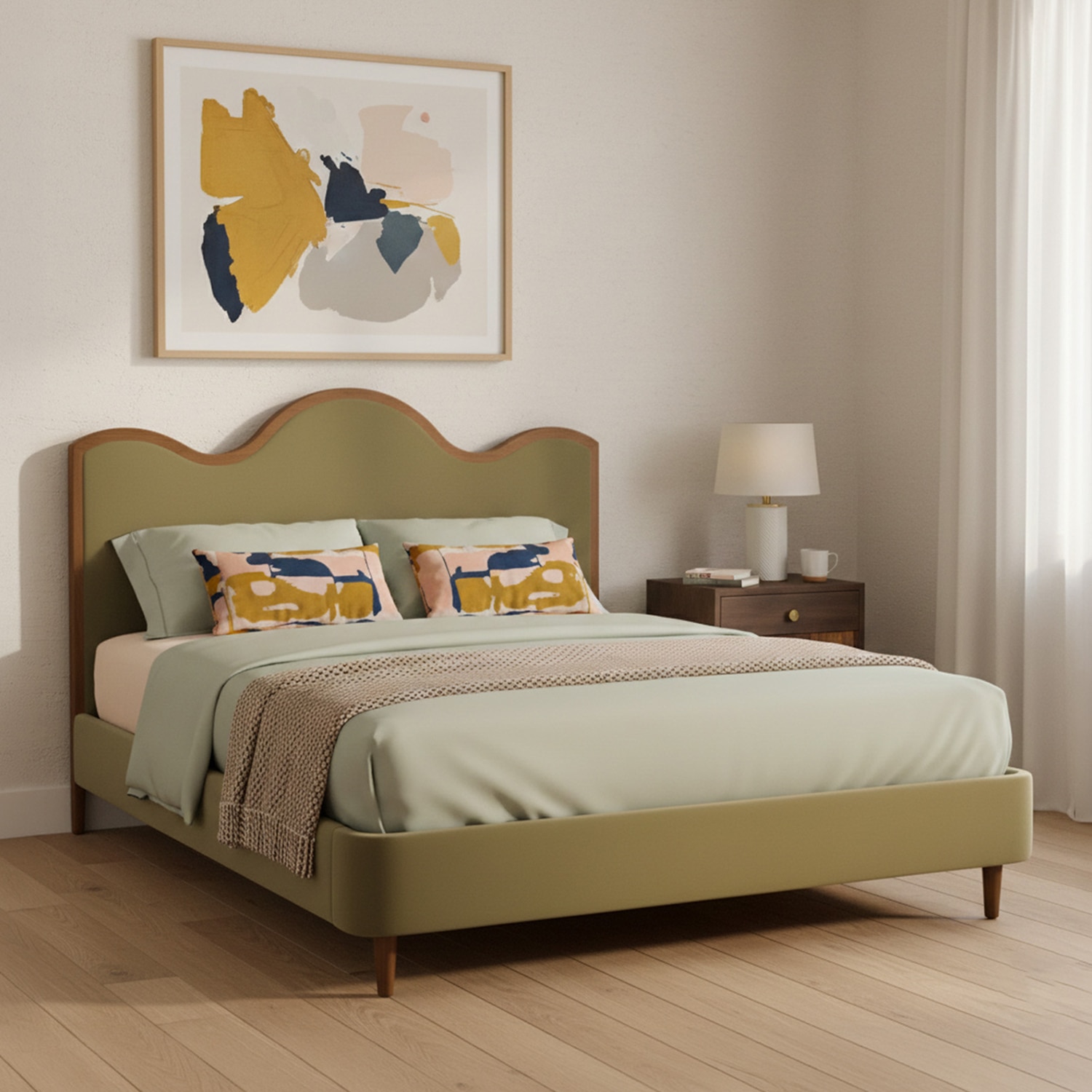 Solara Wave Luxe King Size Bed in velvet With Oak wood Frame & Hydraulic Storage - Nestroots
