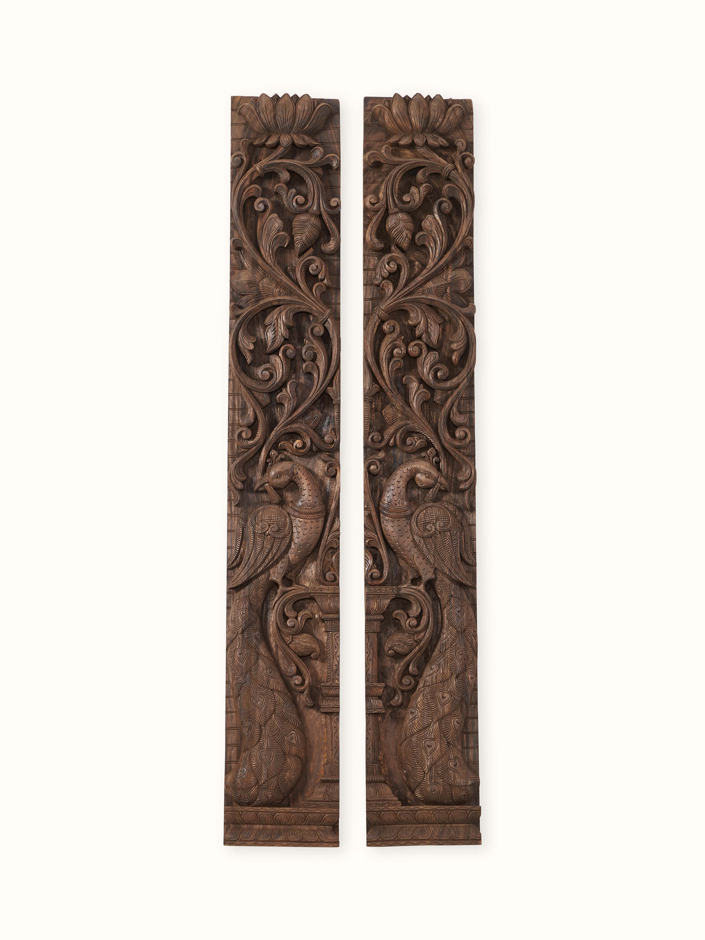 Wood Carved Peacock Panel (2 Pieces)