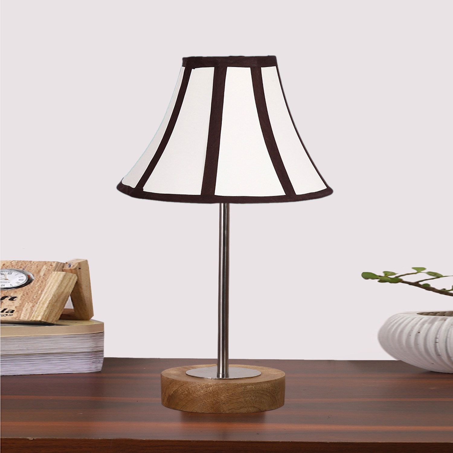 Devansh Off-White Cotton Vintage  Lamp With Natural  Wood Base  & Steel Pipe  (12X17.75)