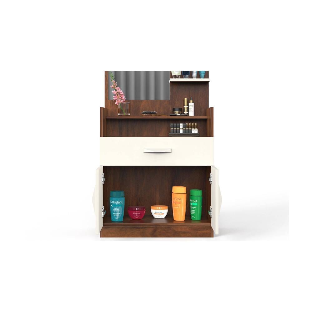 Darci Engineered Wood Wall Mount/Floor Standing Dressing Table Organizer Makeup Vanity with Mirror Storage Shelves, Bangle Holder & Hooks for Bedroom Home Furniture (Brown Maple & White)