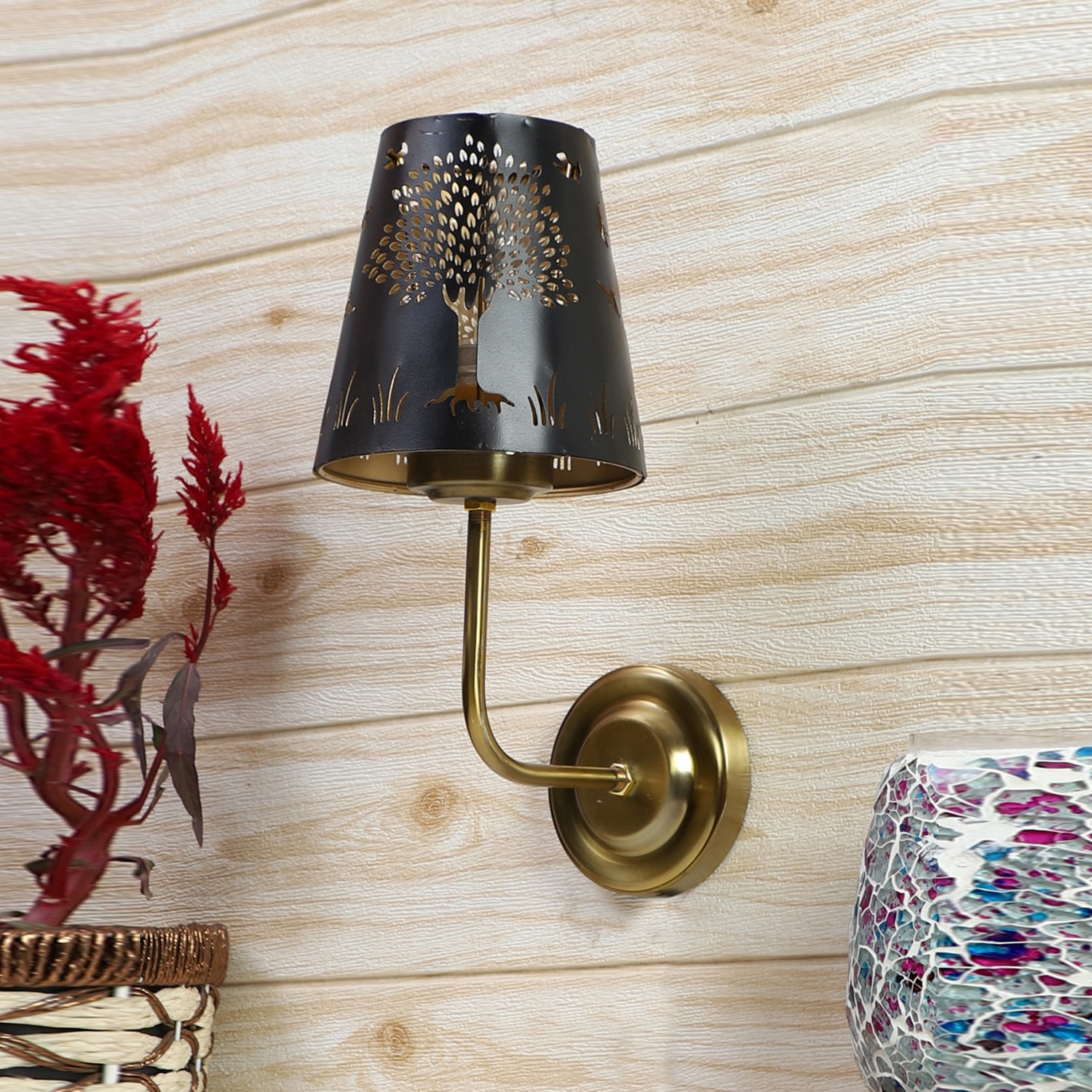 Devansh Metal Electric Wall Light in Gold Colour with Black Shade Count of 1 Light - Devansh