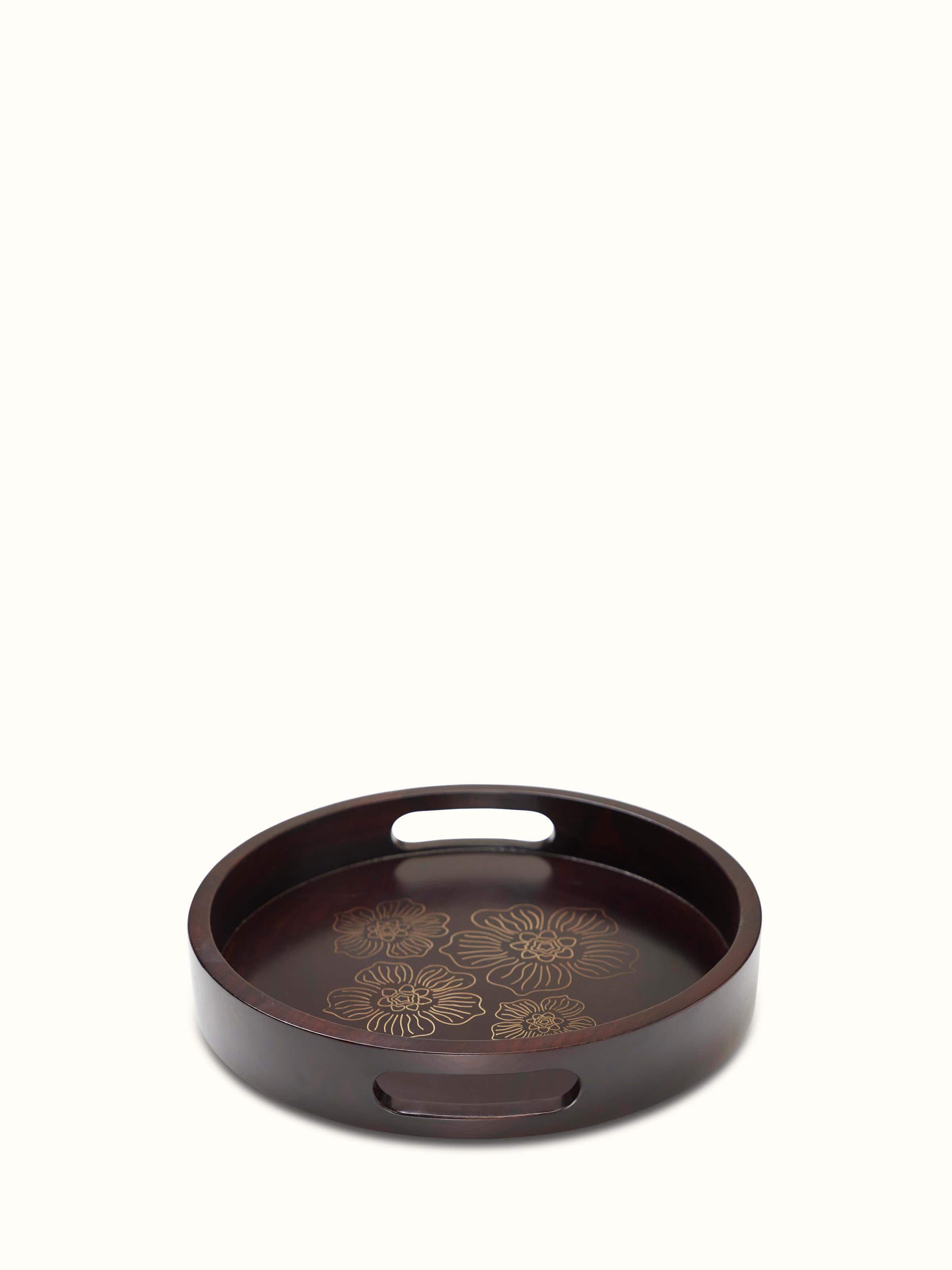 Front view of Tarkashi sheesham wood & brass tray, highlighting the detailed brass inlay and elegant wood grain.