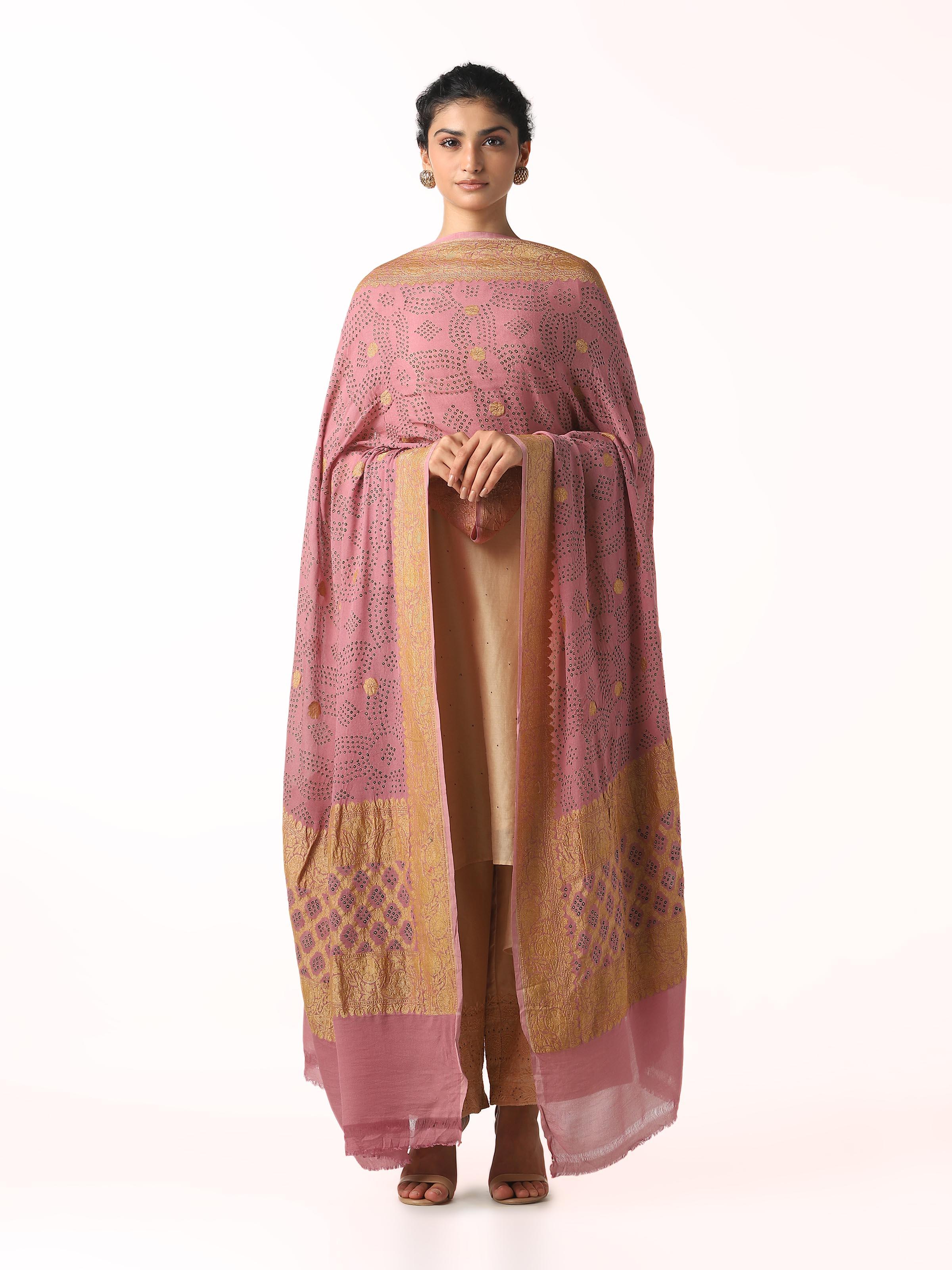 Pastel Pink Banarasi Crepe Bandhani Tie & Dye Dupatta