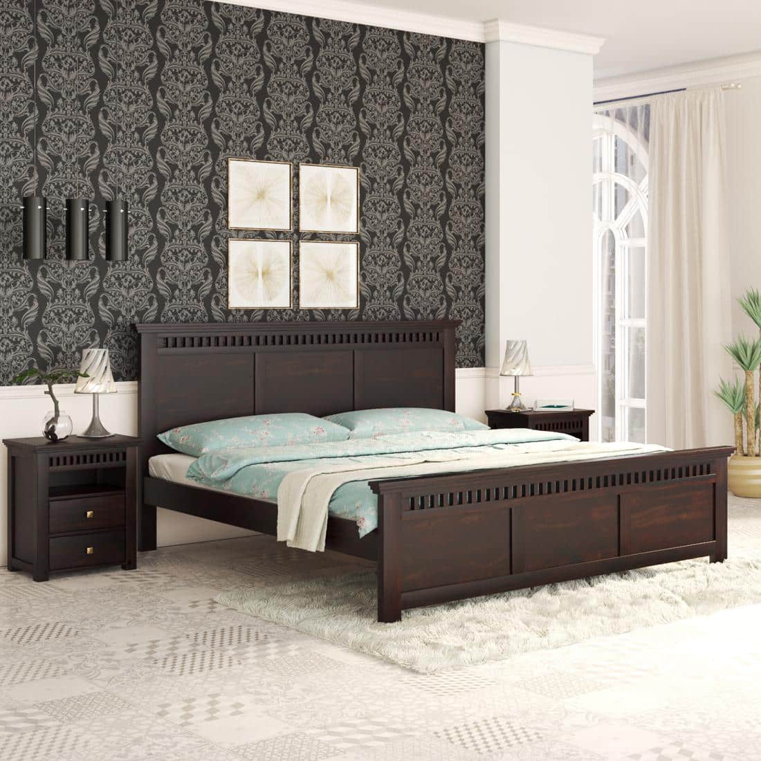 Madhvi Solid Wood King Size Bed Without Storage Bed In Walnut Finish