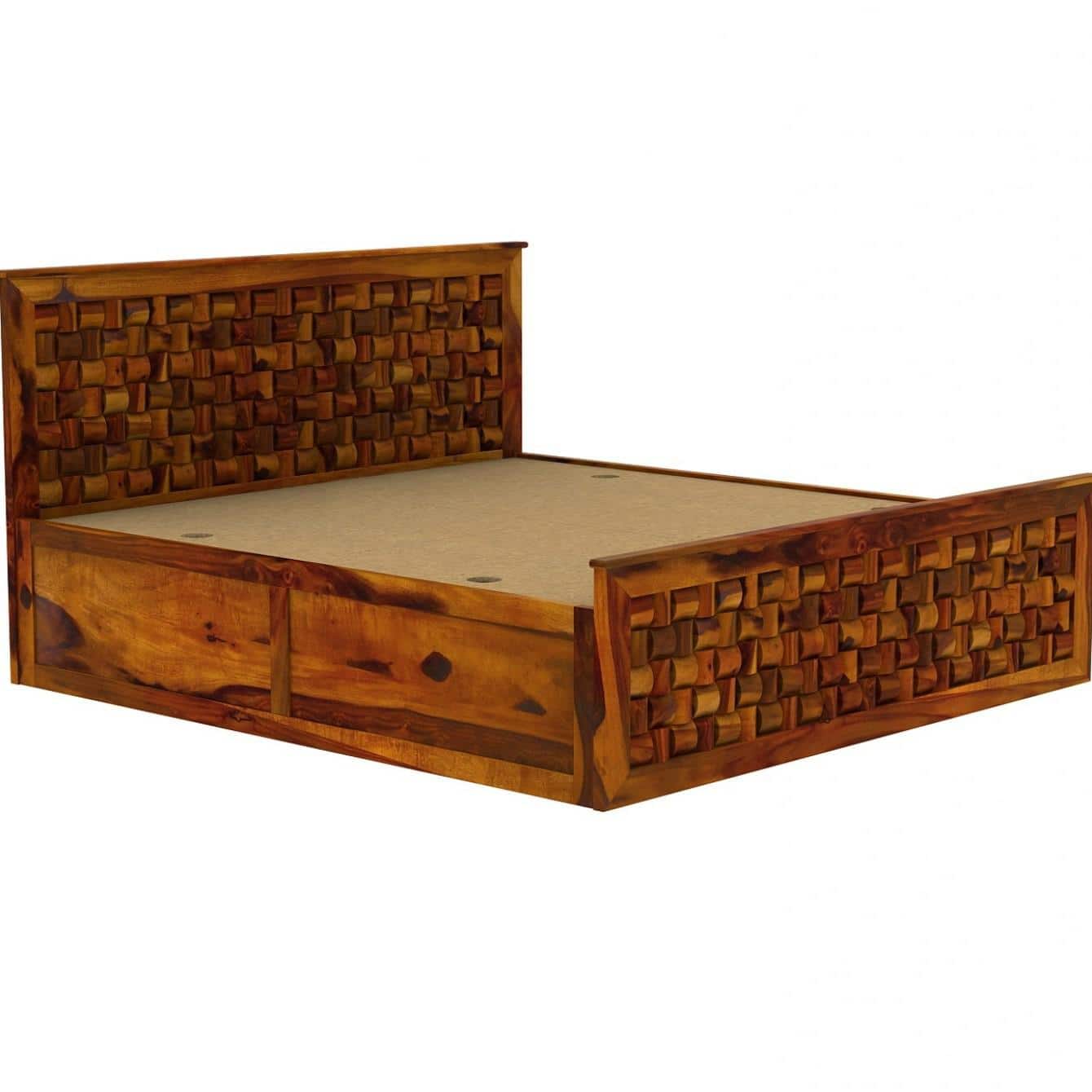 Moglis Solid Wood King Size Bed With Box Storage Bed In Honey Oak Finish