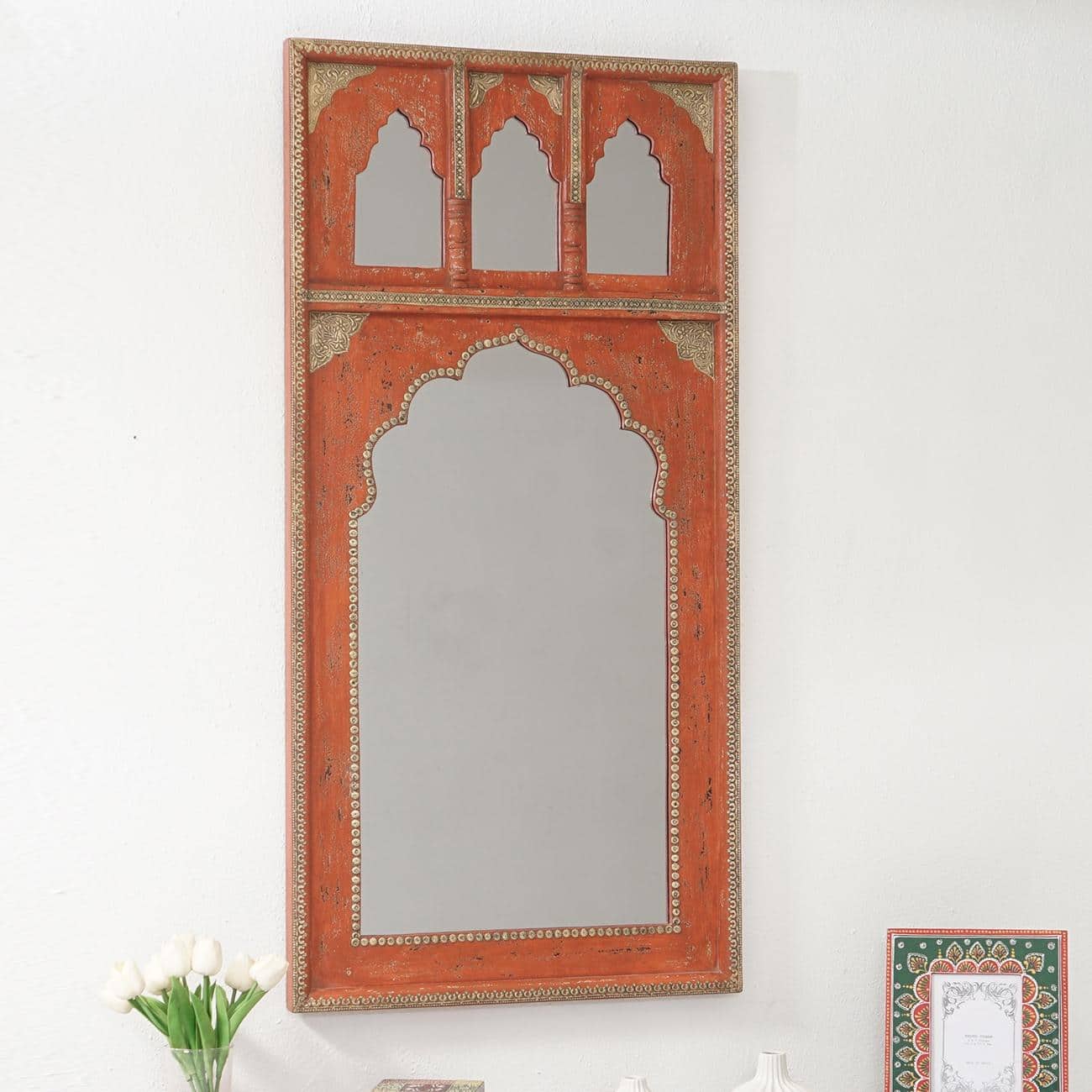 Cole Wood Carved Mirror Frame in Distressed Red