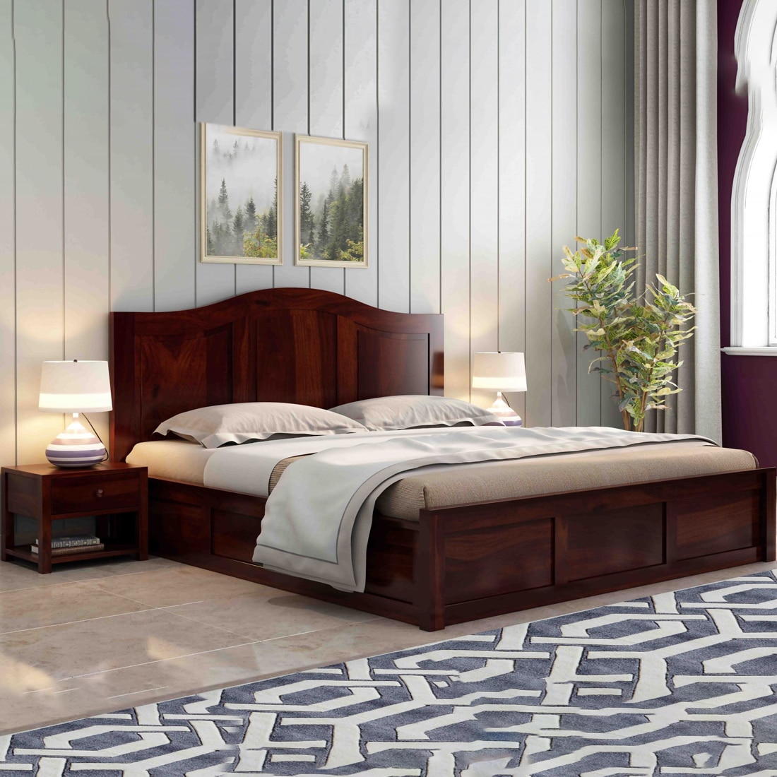 Sniu Solid Wood Queen  Size Bed Without Storage (Walnut Finish) - Woodenmood
