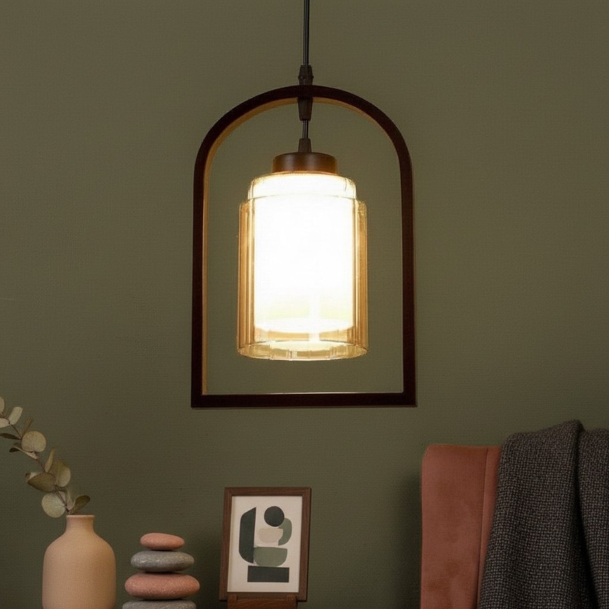 Eliante Hanging Light - Champaign Glass Shade, Mild Steel And Wood, 1 Bulb, Modern Pendant Lamp - Eliante