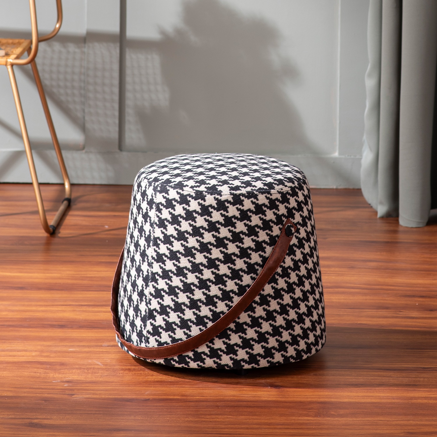 Hoist Collection Black & White Houdstooth Pouf With Faux Leather Strap - Nestroots