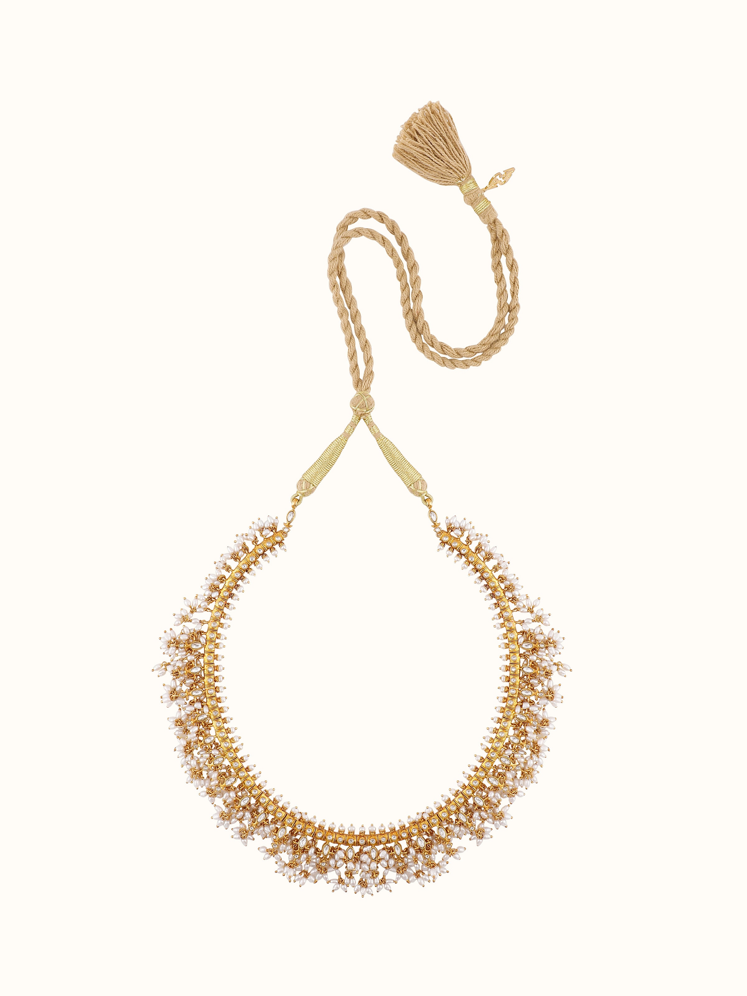 Front view of Guttapusalu silver collar necklace featuring clustered pearls and antique motifs.