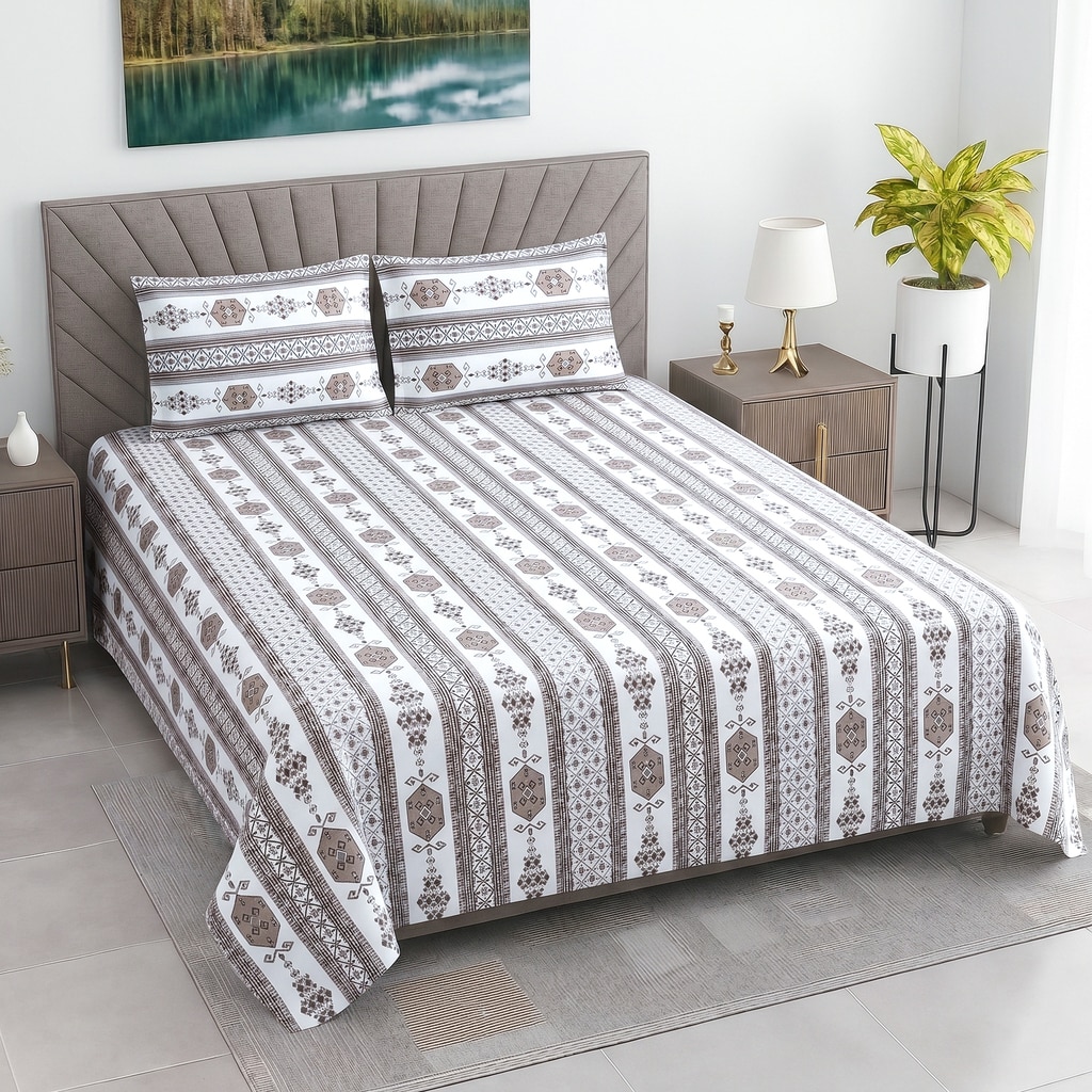 White And Coffee Shade Foral400 Tc Cotton  Flat Quen Size Bedsheet With 2 Pillow Covers - Threads