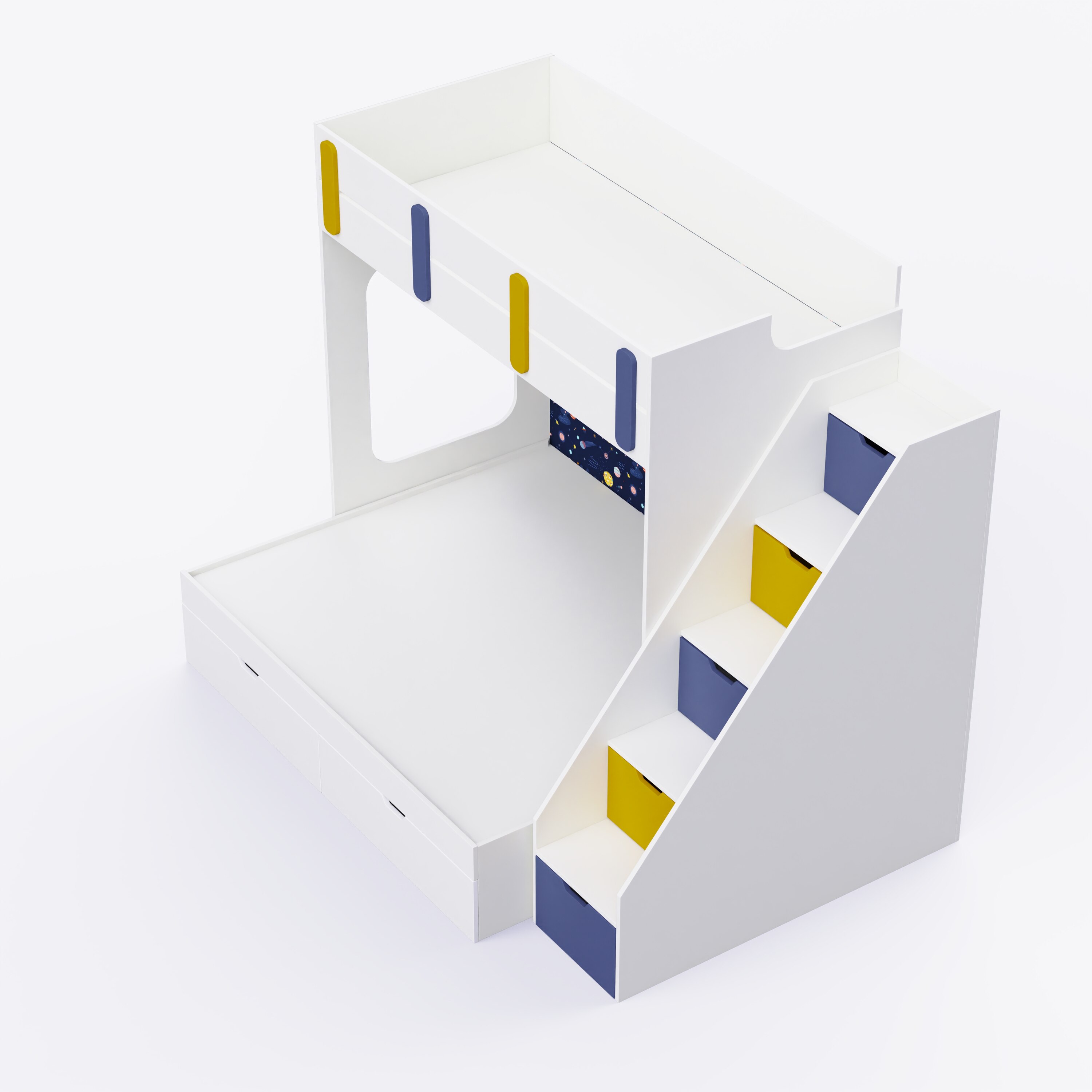 Pattern Dreams Bunk Bed  6X5 (Drawers On Wheels) In White & Blue Colour