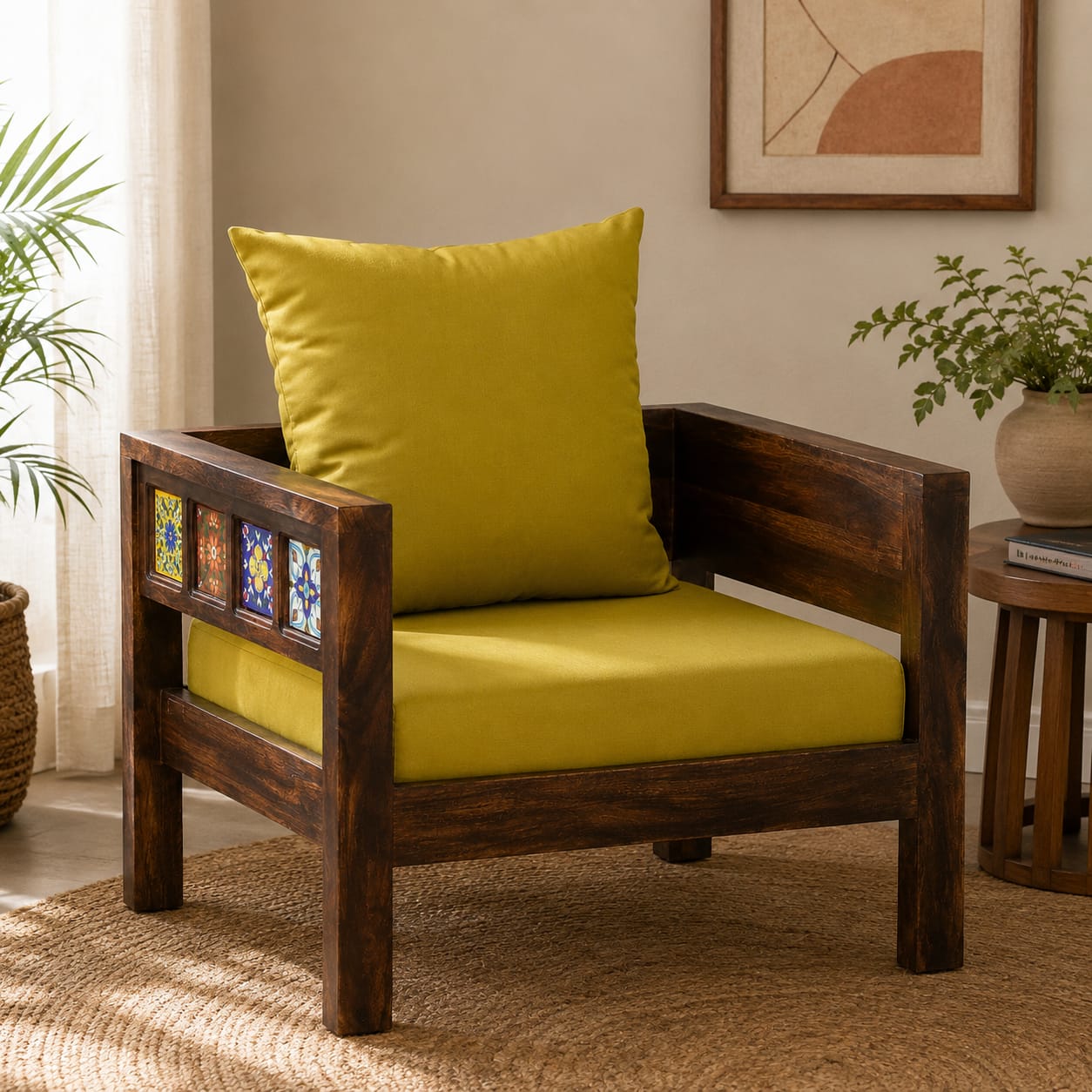Rangrez Sheesham Wood 1 Seater Sofa in Provincial Teak Finish - Woodenmood