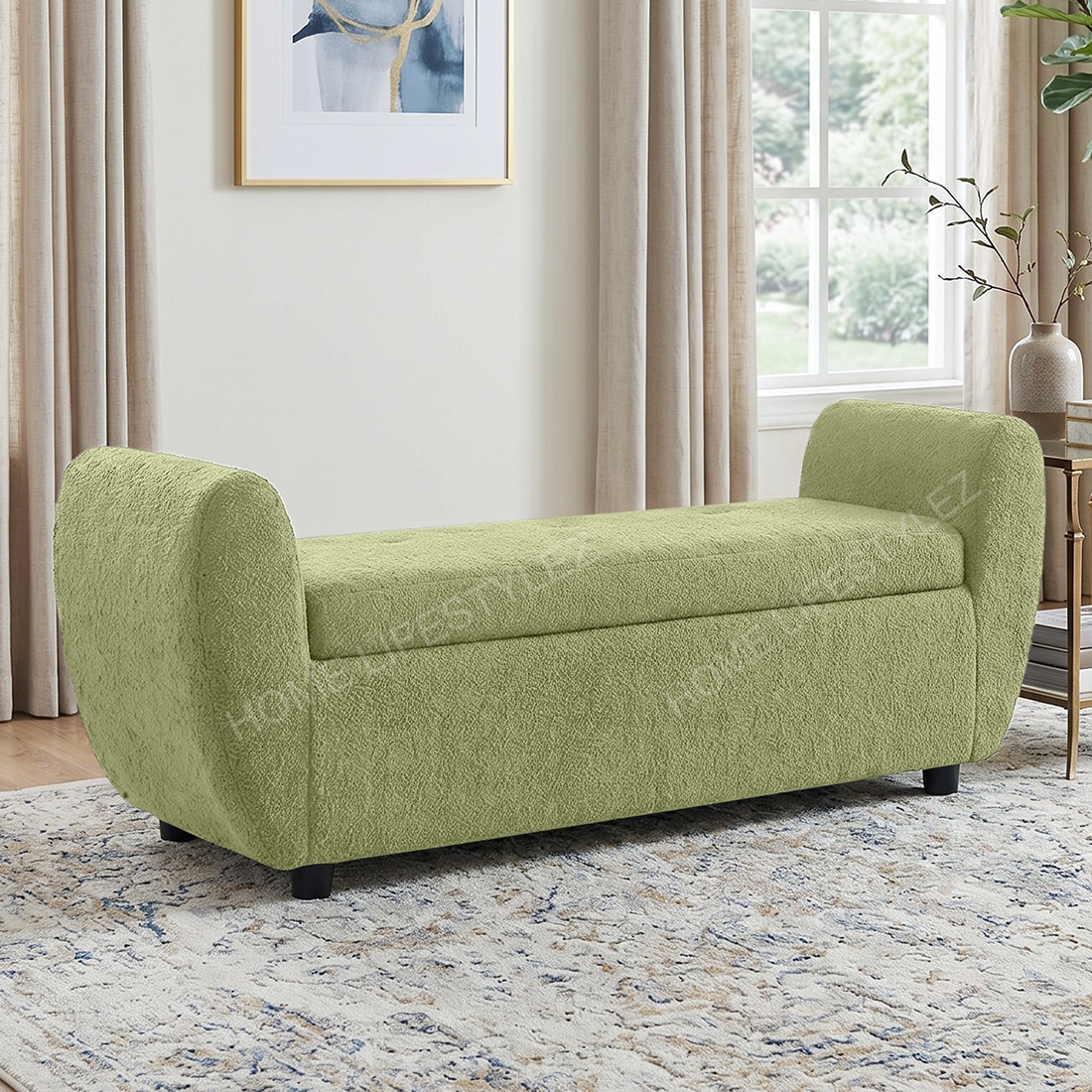 Redol Boucle 2 Seater Ottoman Bench with Storage  in Pista Green Color - Home Lifestylez