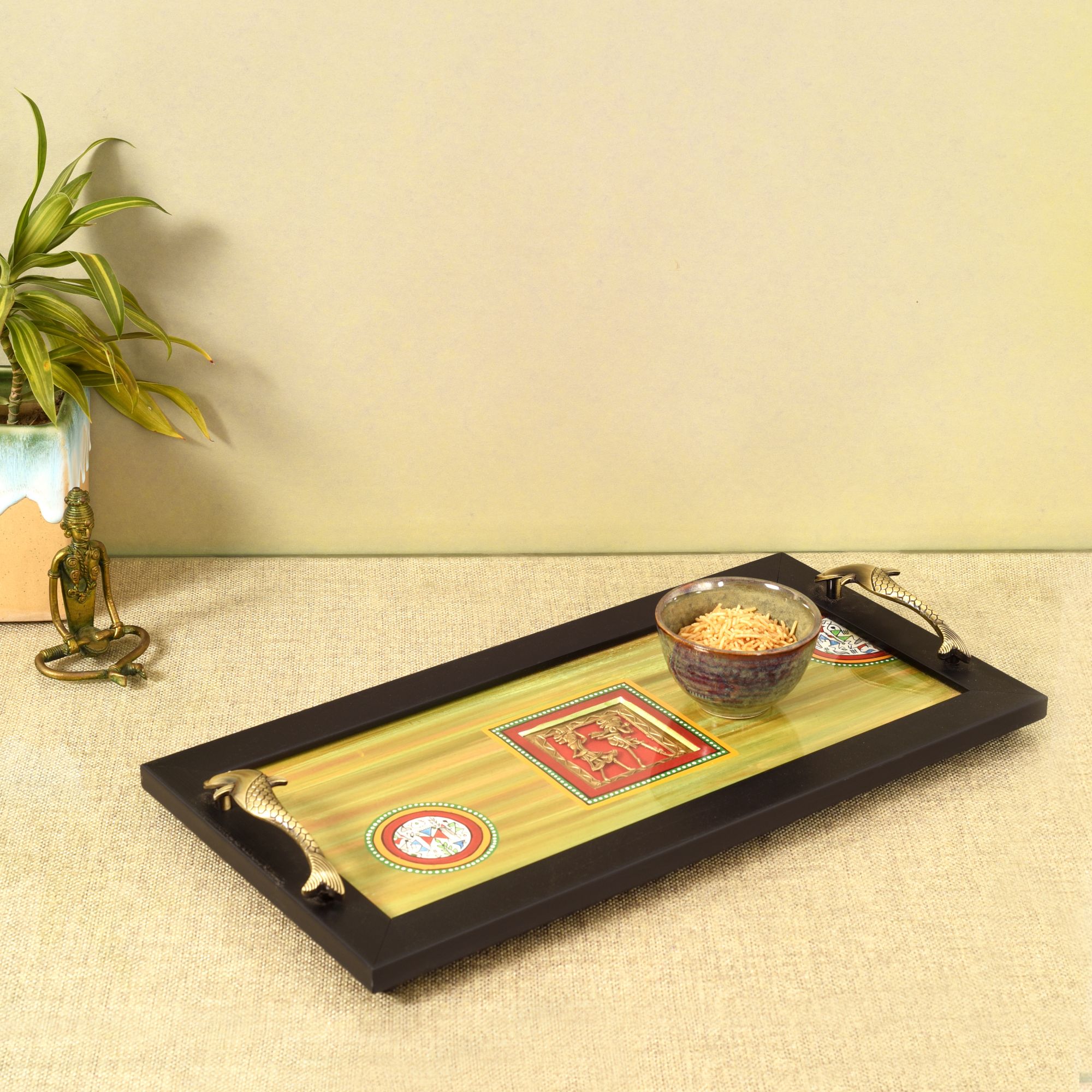 Hunter green dhokra serving tray large (18x9x2) - Aakriti Art Creations