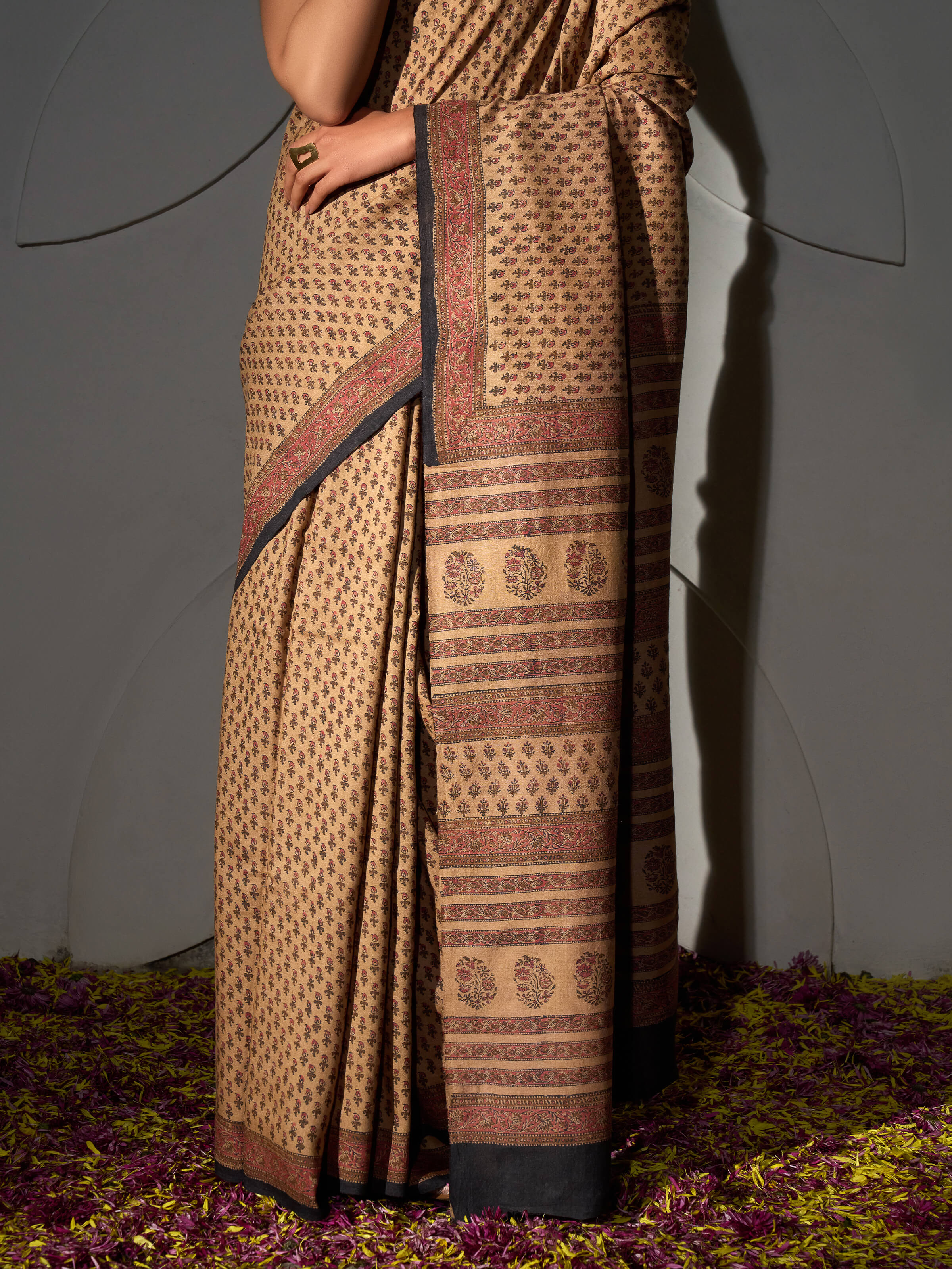 Beige Tussar Muga Silk Bagru Block Printed Saree