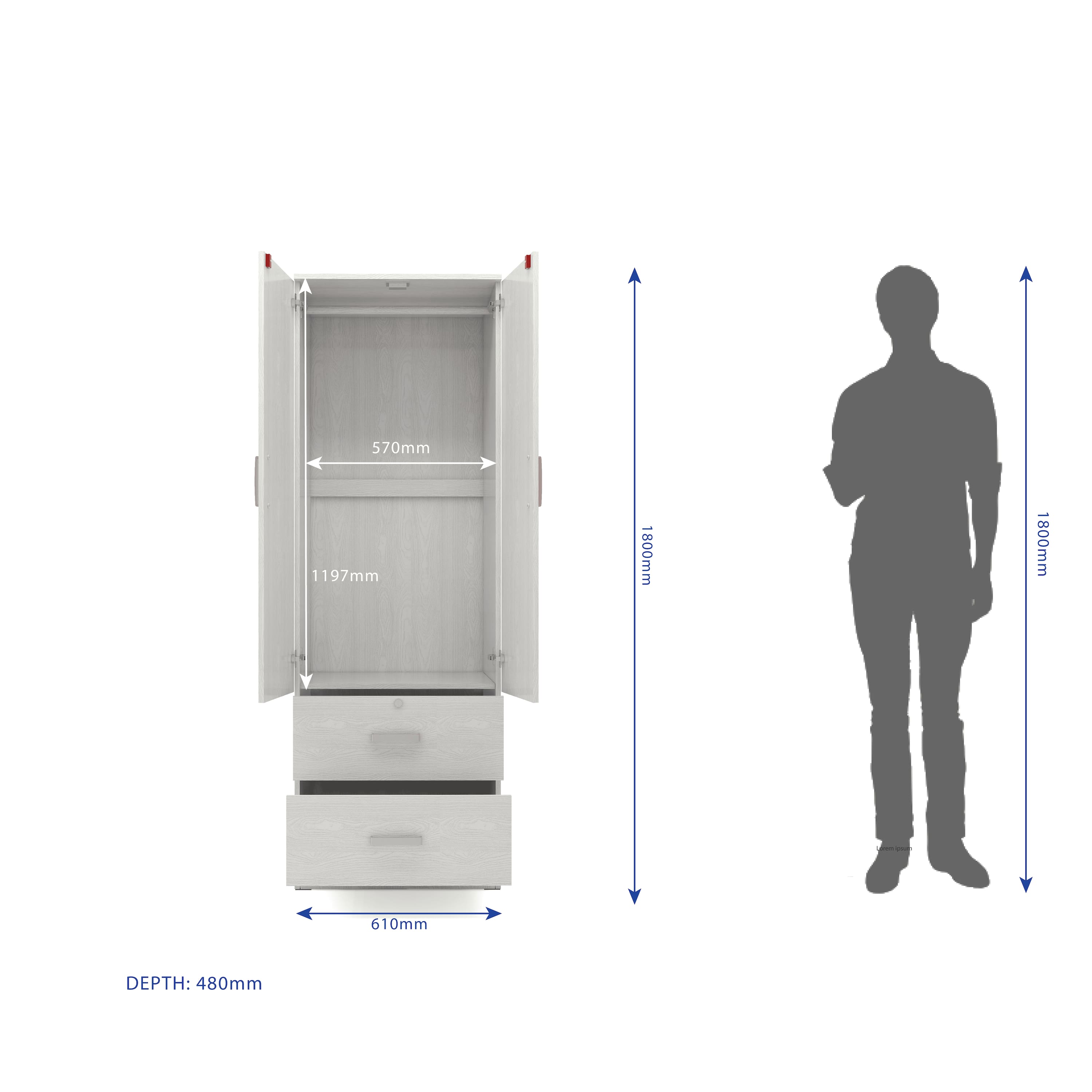 Ren 2 Door Engineered Wood Wardrobe in Silver Oak Finish