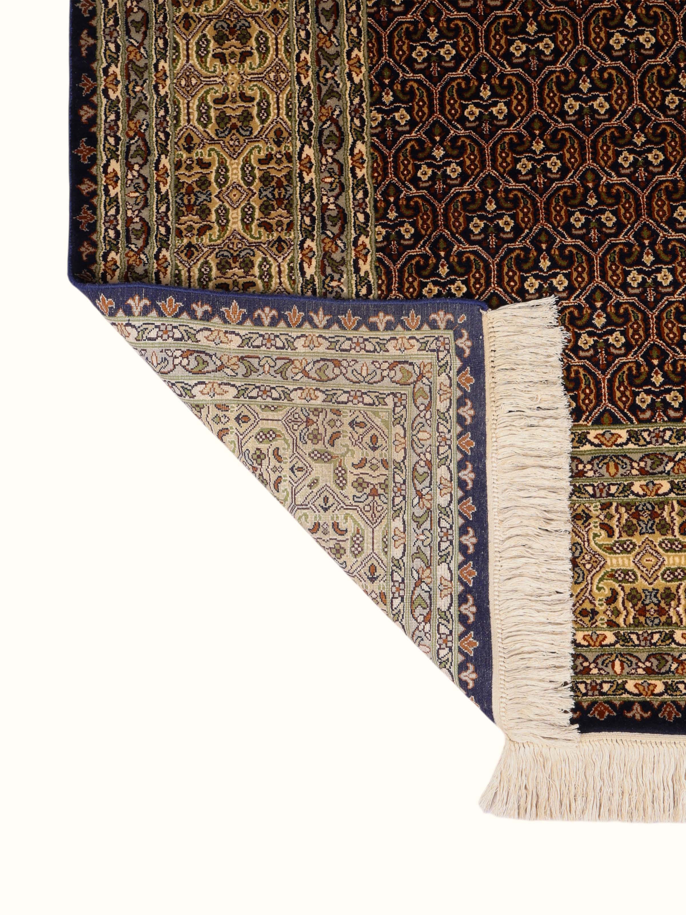 Traditional Persian Navy Ivory Senneh Kashmir Silk Hand-Knotted Carpet