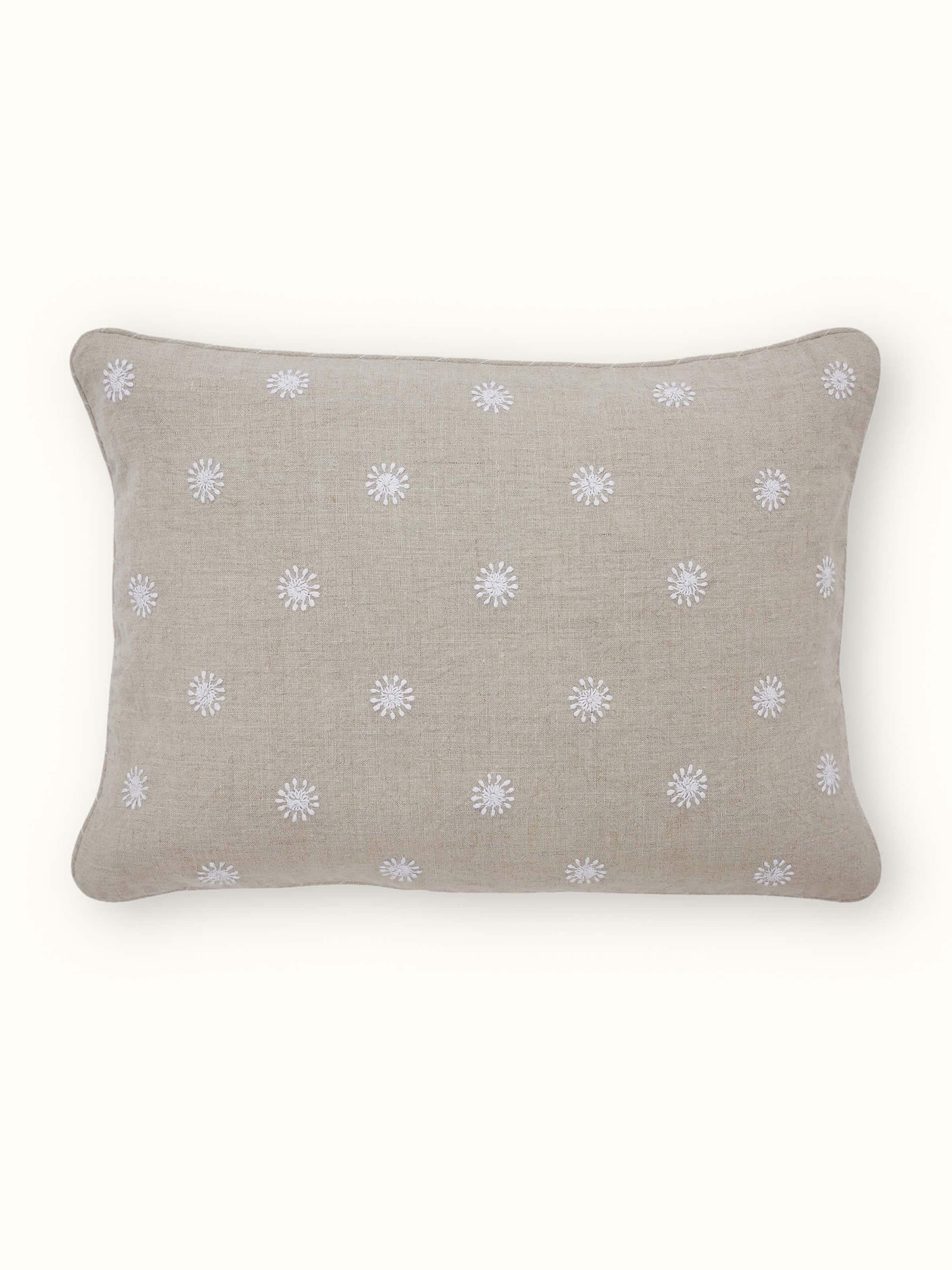 Rann Beige Buti Linen Chikankari Hand Embroidered Lumbar Cushion Cover