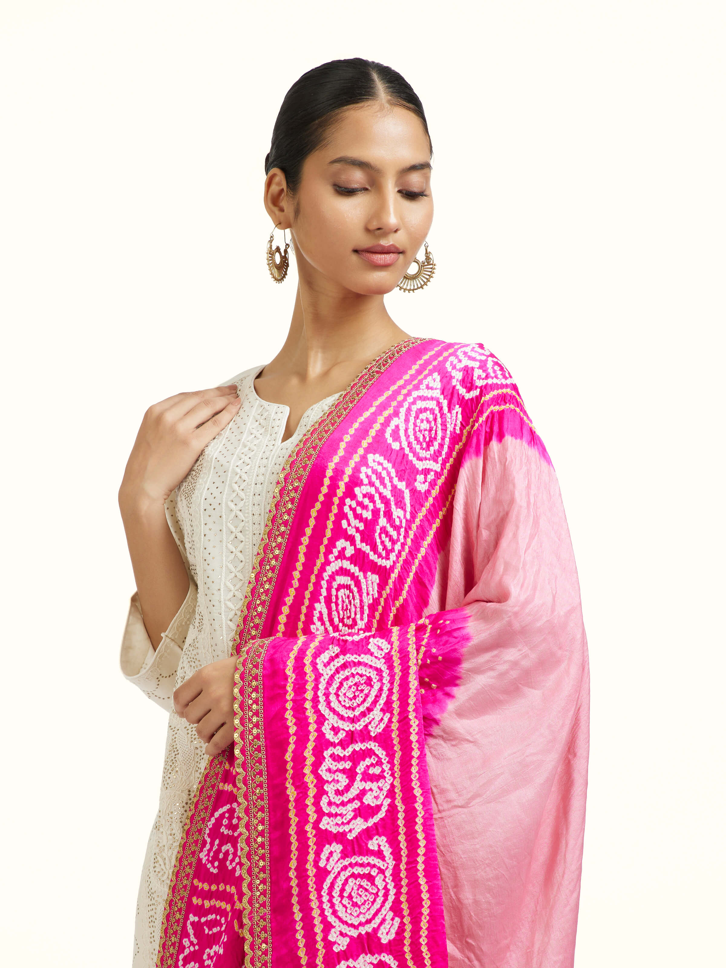 Pink Silk Bandhani Zardozi Embroidered Dupatta