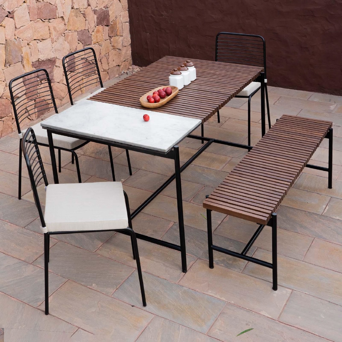 Covent Garden Mild Steel Outdoor Dining Table with Four Chairs and Bench in Grey Colour - Orange Tree