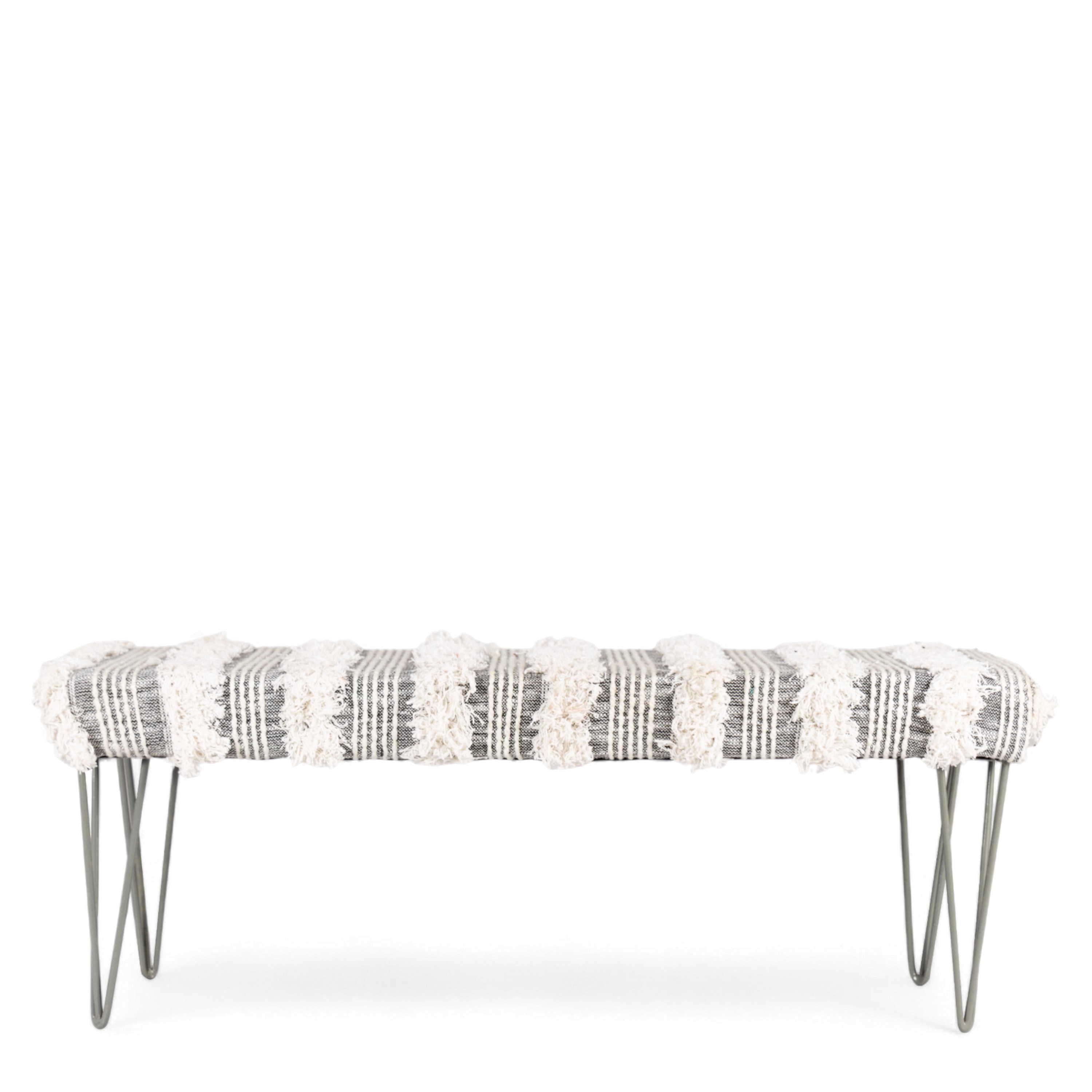 Belmont Sheesham Wood Mid Century 3 Seater Bench With Metal Legs In Grey Fabric