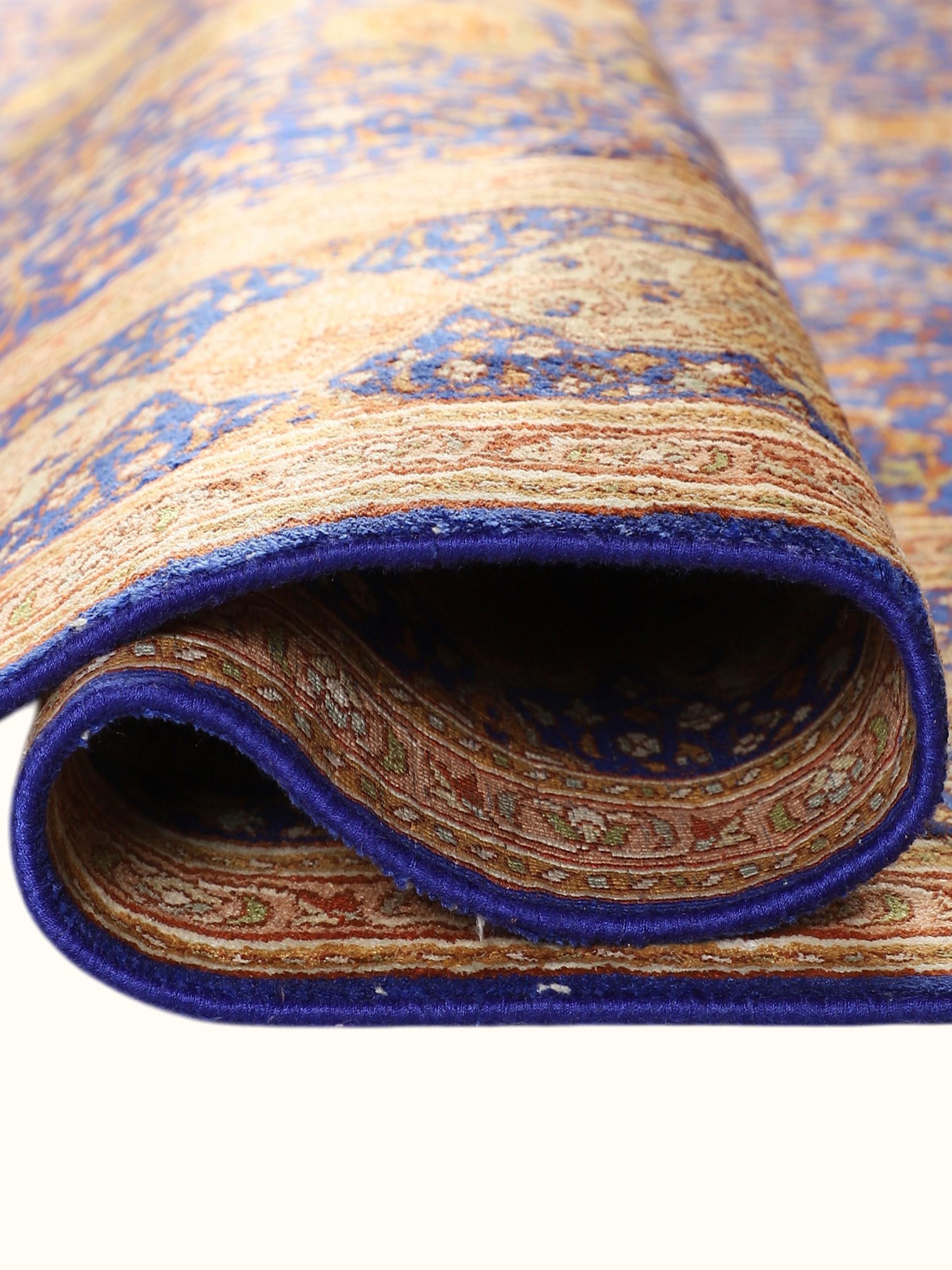 Traditional Persian Royal Blue Rust Ardabil Kashmir Silk Hand-Knotted Carpet
