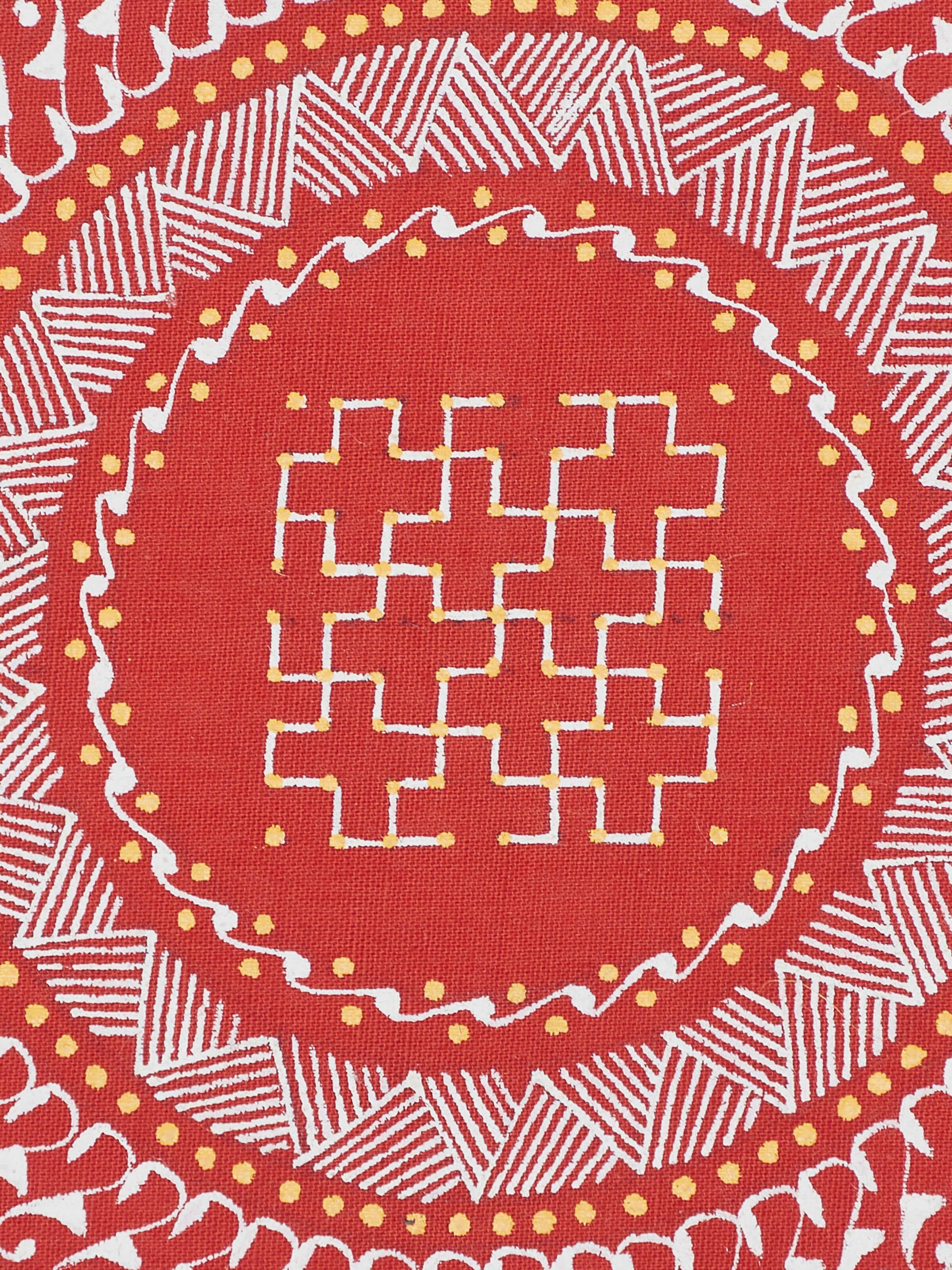 Detailed view of Aipan Nau Bindu Ka Swastik mandala painting, emphasizing its intricate design.