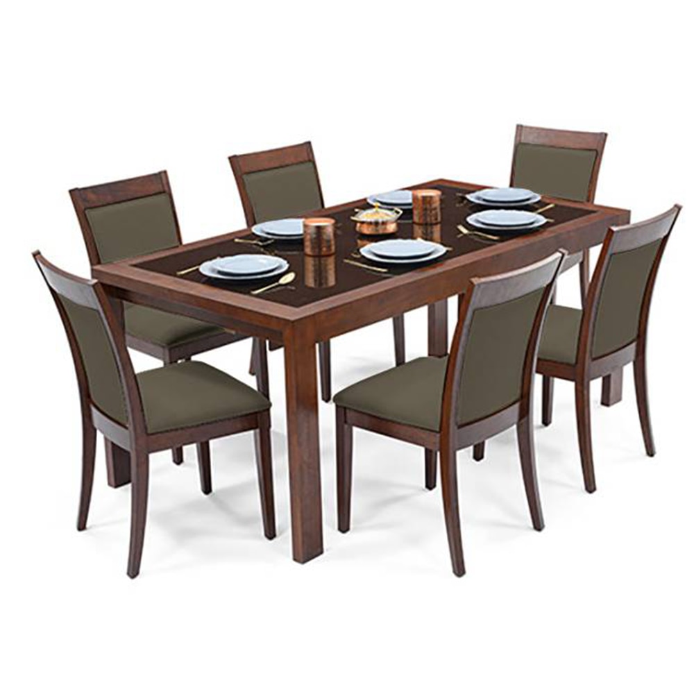 Vanalen 6-To-8 Extendable - Dalla 6 Seater Glass Top Dining Table Set (Colour- Grey , Finish- Dark Walnut)