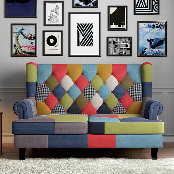 Minnelli 2 Seater Fabric Loveseat In Retro Patchwork Colour