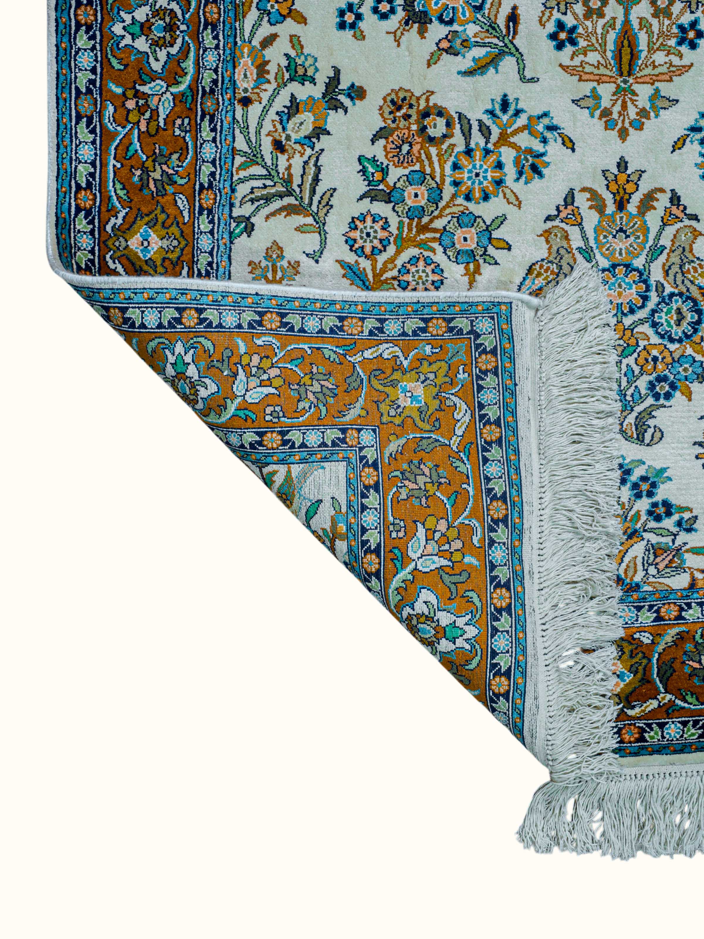 Traditional Persian Ivory Mahal Kashmir Silk Hand-Knotted Carpet