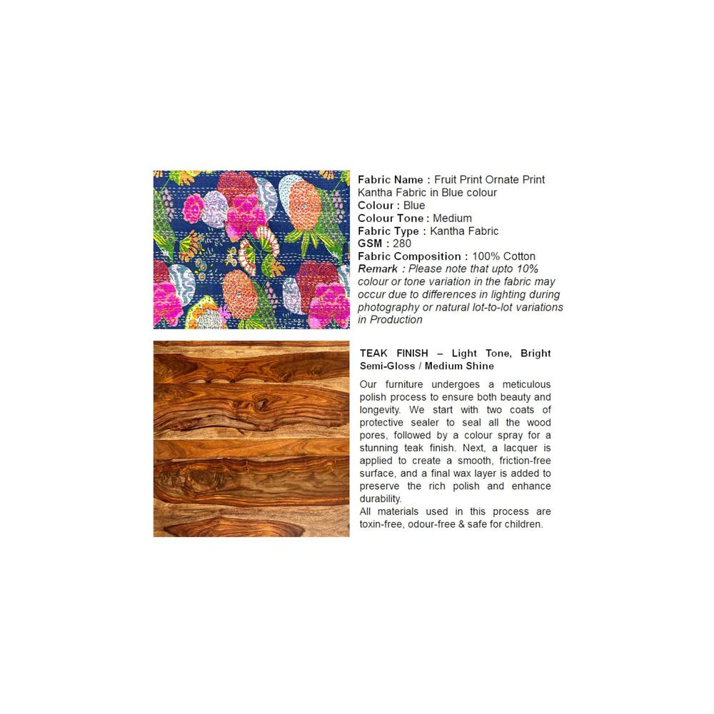 Roswell Sheesham Wood Mid Century Round Stool in Fruit Print Blue Kantha Upholstery