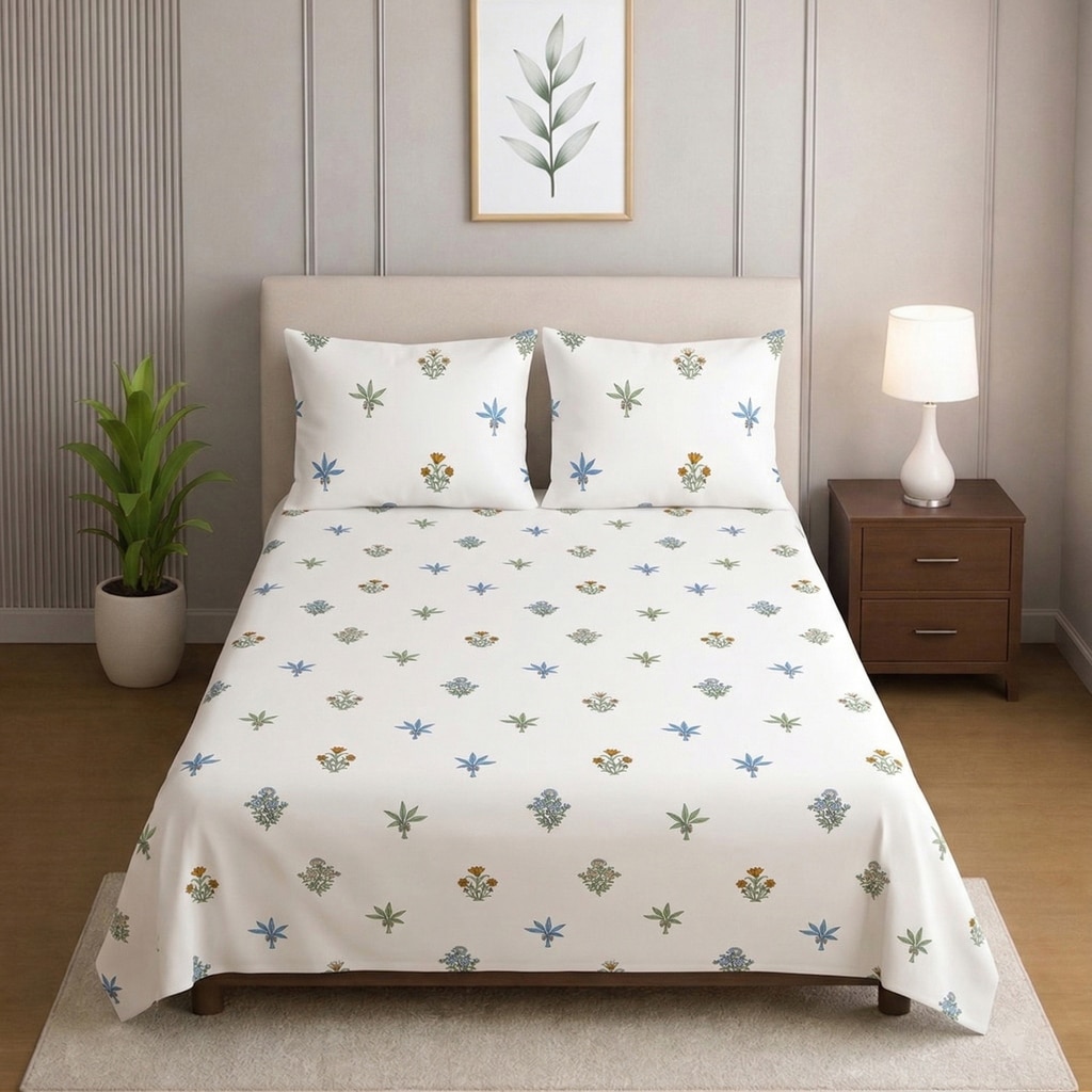 Eon White Floral 400 TC Cotton Flat Single Size Bedsheet with 2 Pillow Covers – Threads - Threads