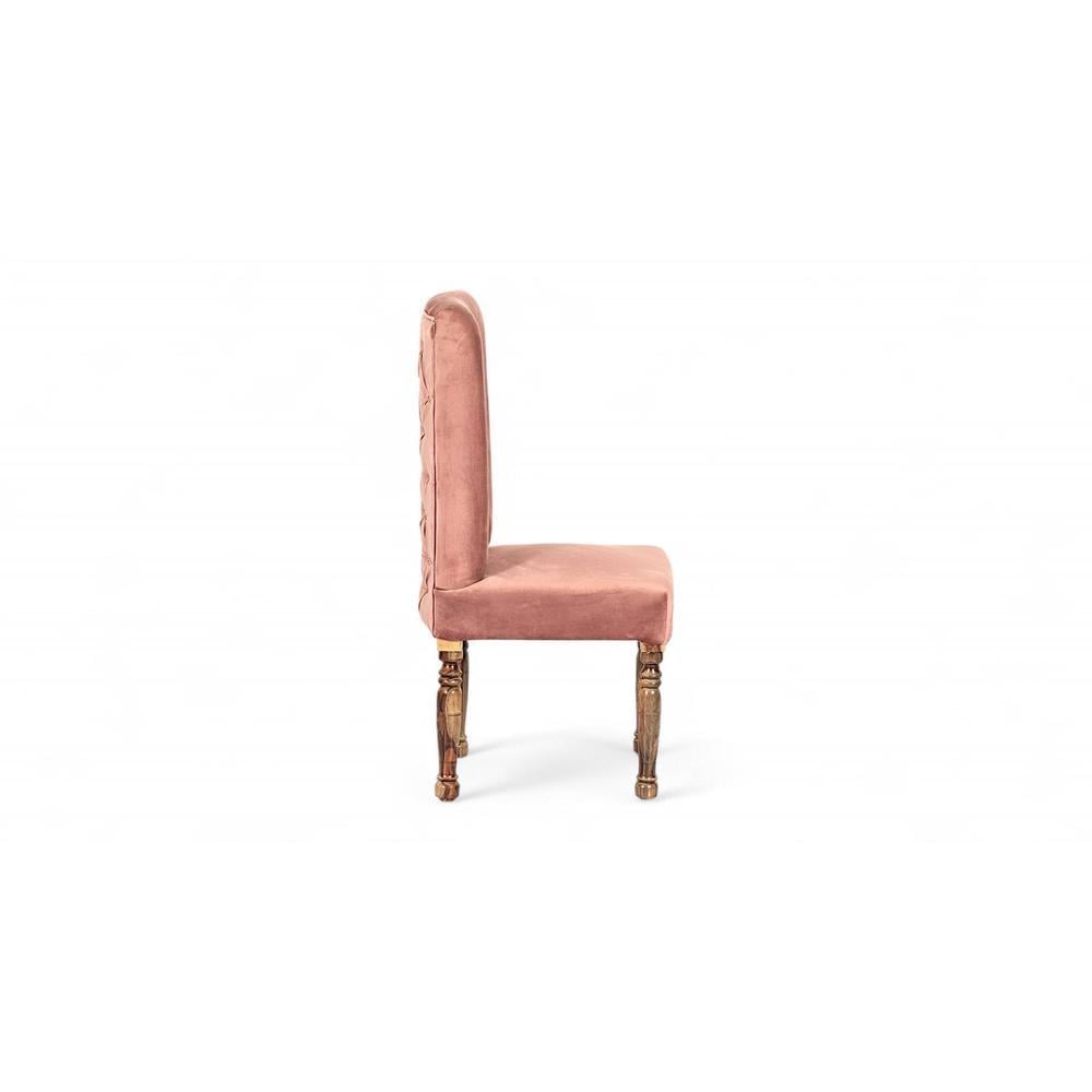 Rosslyn wood Dining Chair in Coral Pink Velvet Upholstery with TEAK FINISH